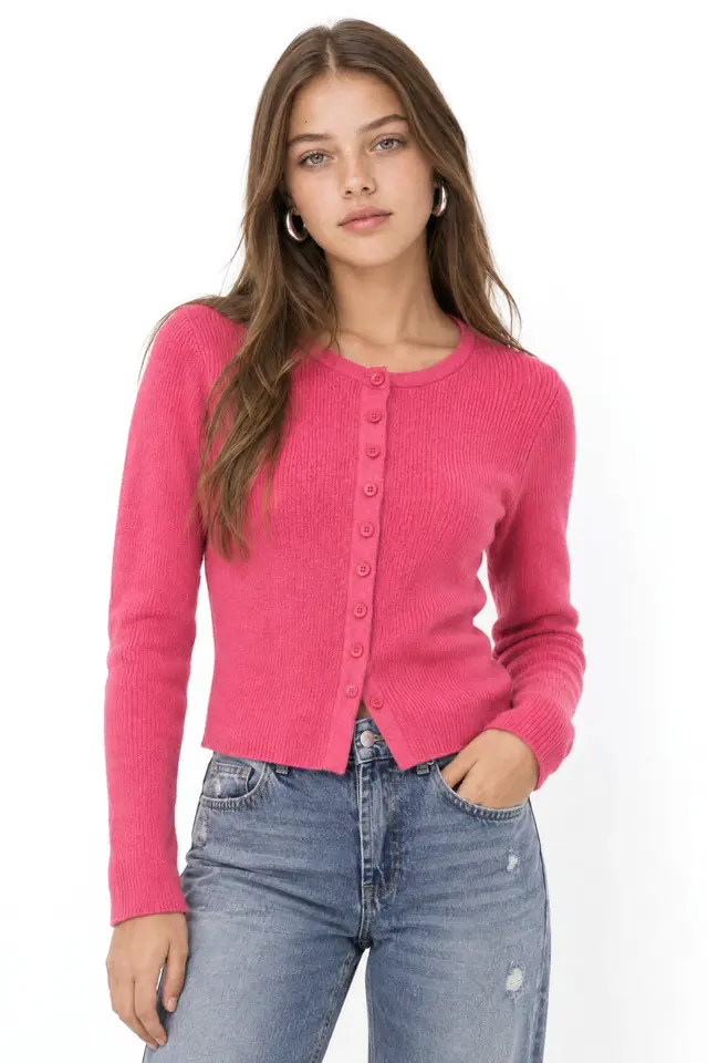 Mixray Buttoned Slim Fit Ribbed Knit Cardigan