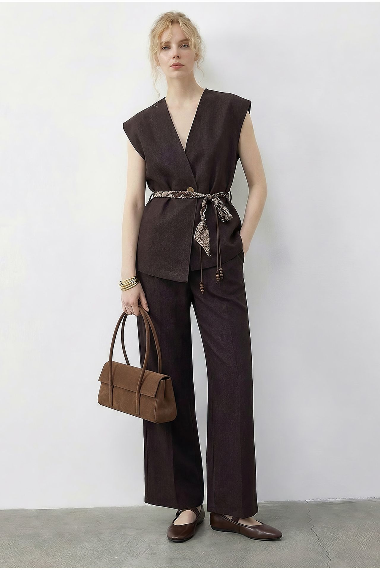 LUCCI Belted V-Neck Vest and Wide-Leg Trousers Set 2