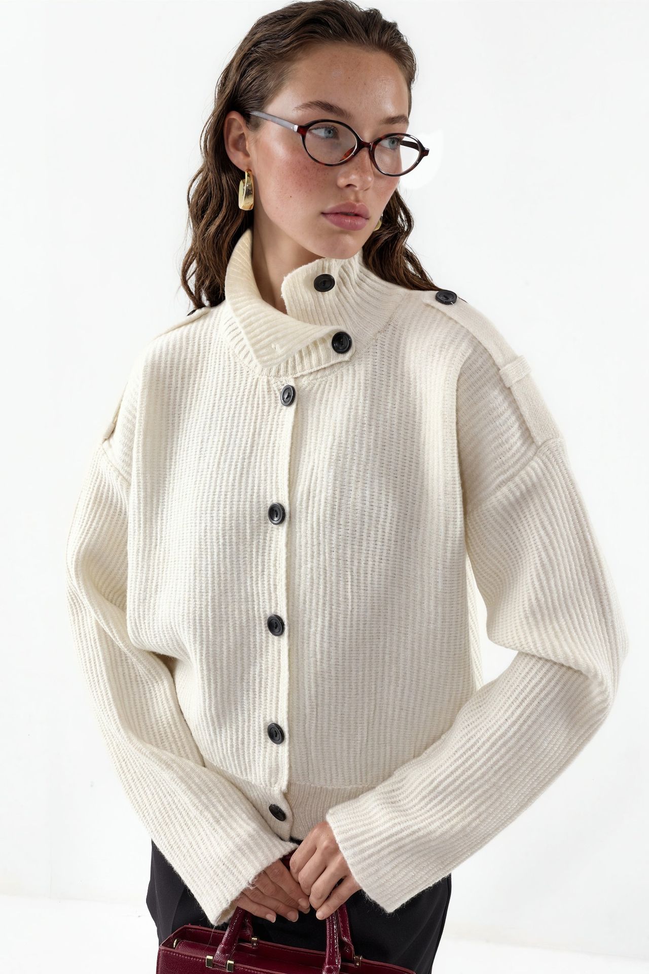 VIORNA Ribbed Half-Turtleneck Button Cardigan 1
