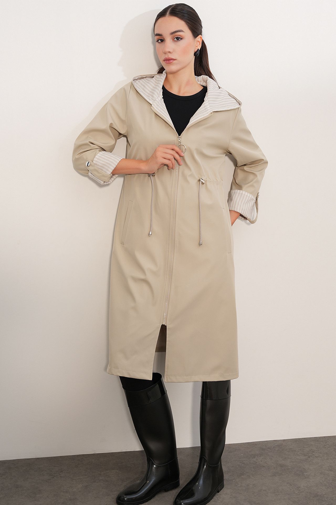 BDART Hooded Long Striped Trench Coat with Drawstring Waist 2
