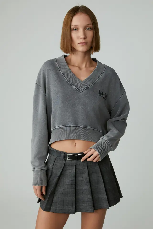 GRIMELANGE Oversized V-Neck Crop Sweatshirt