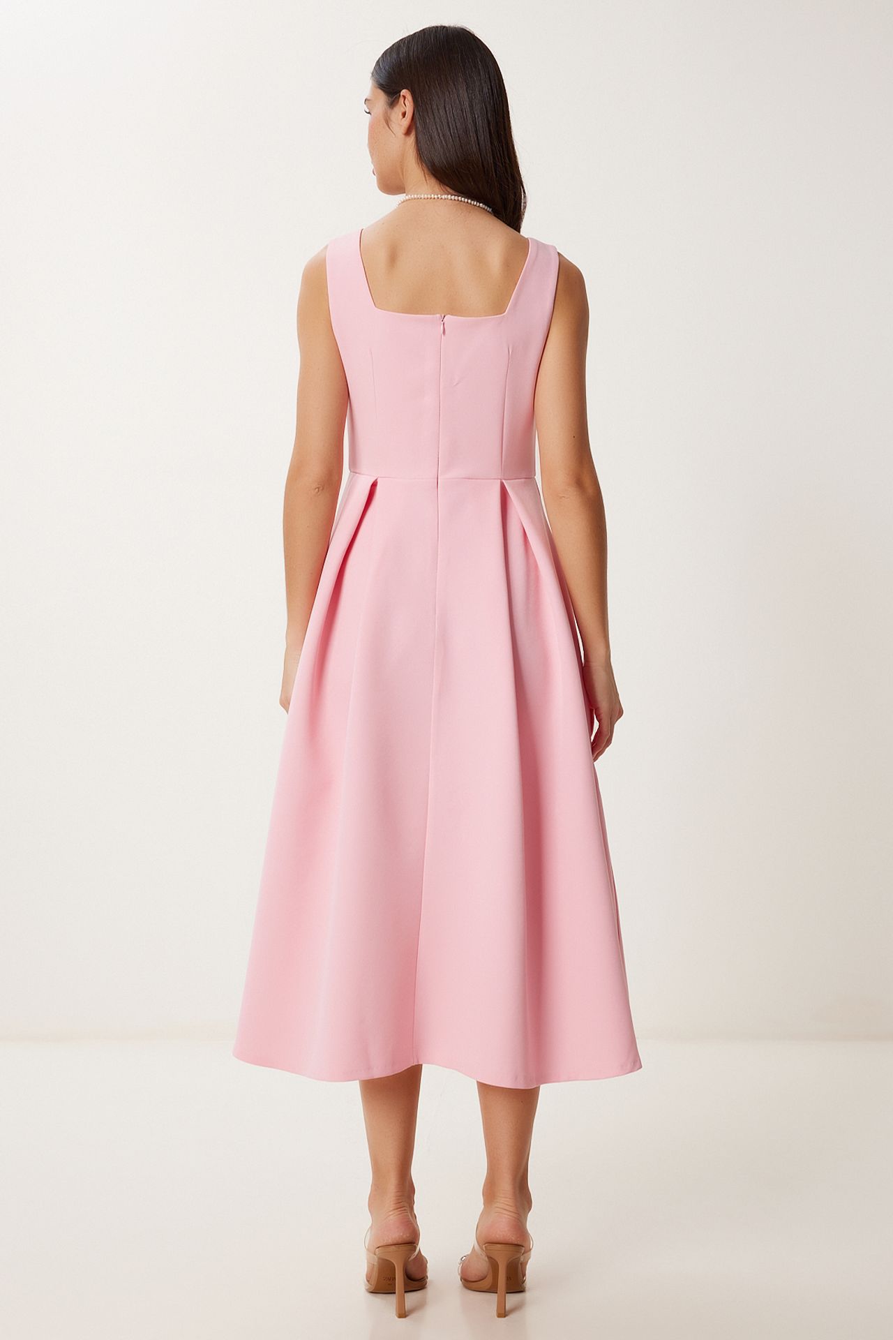 ISTANBUL Square Collar A-Form Midi Dress with Zipper Closure 4