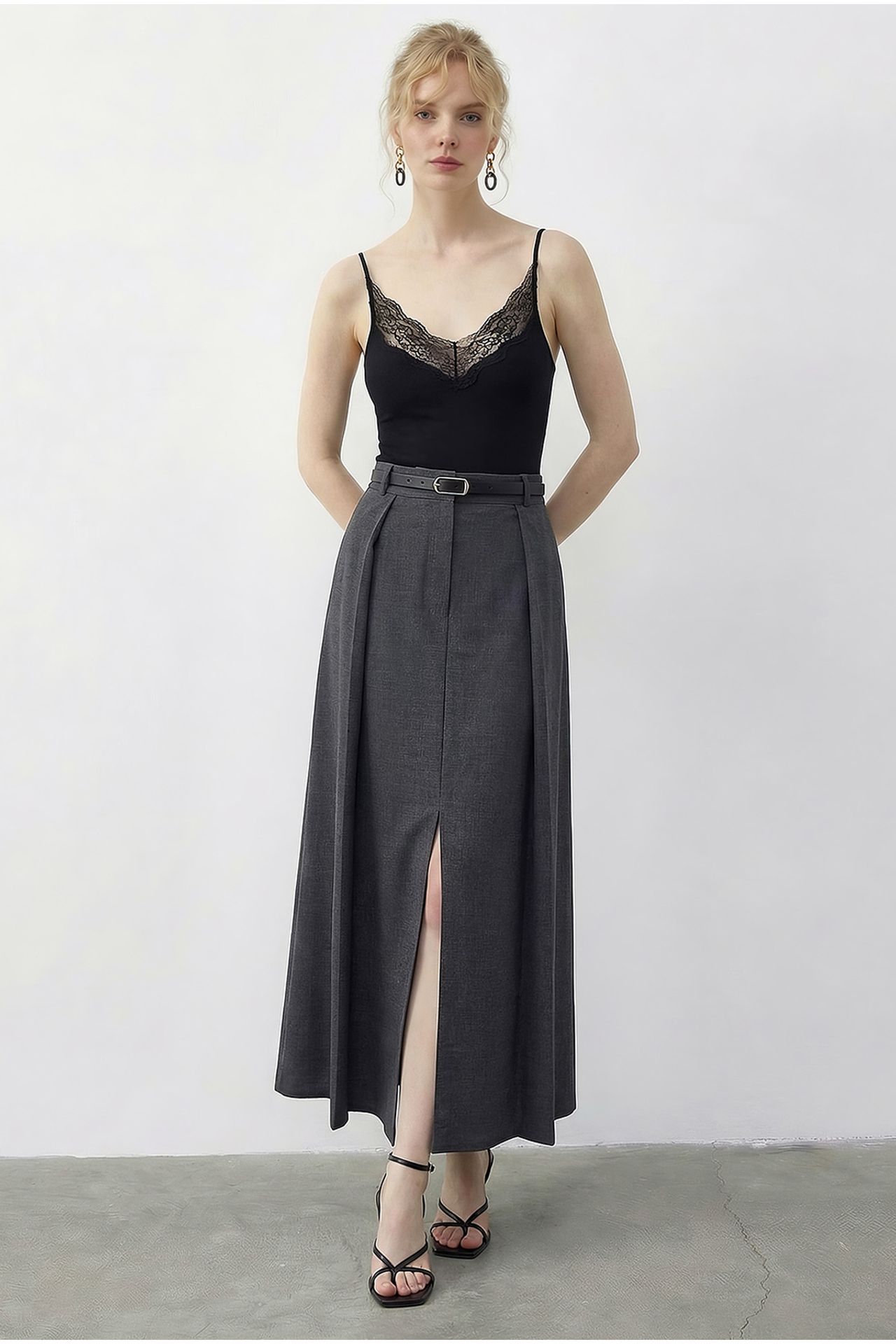 LUCCI High Waist Midi A-Line Skirt with Belt 1