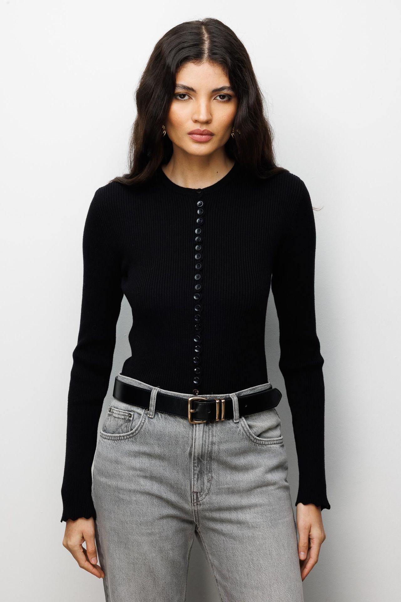 MIXRAY Ribbed Knit Buttoned Cardigan