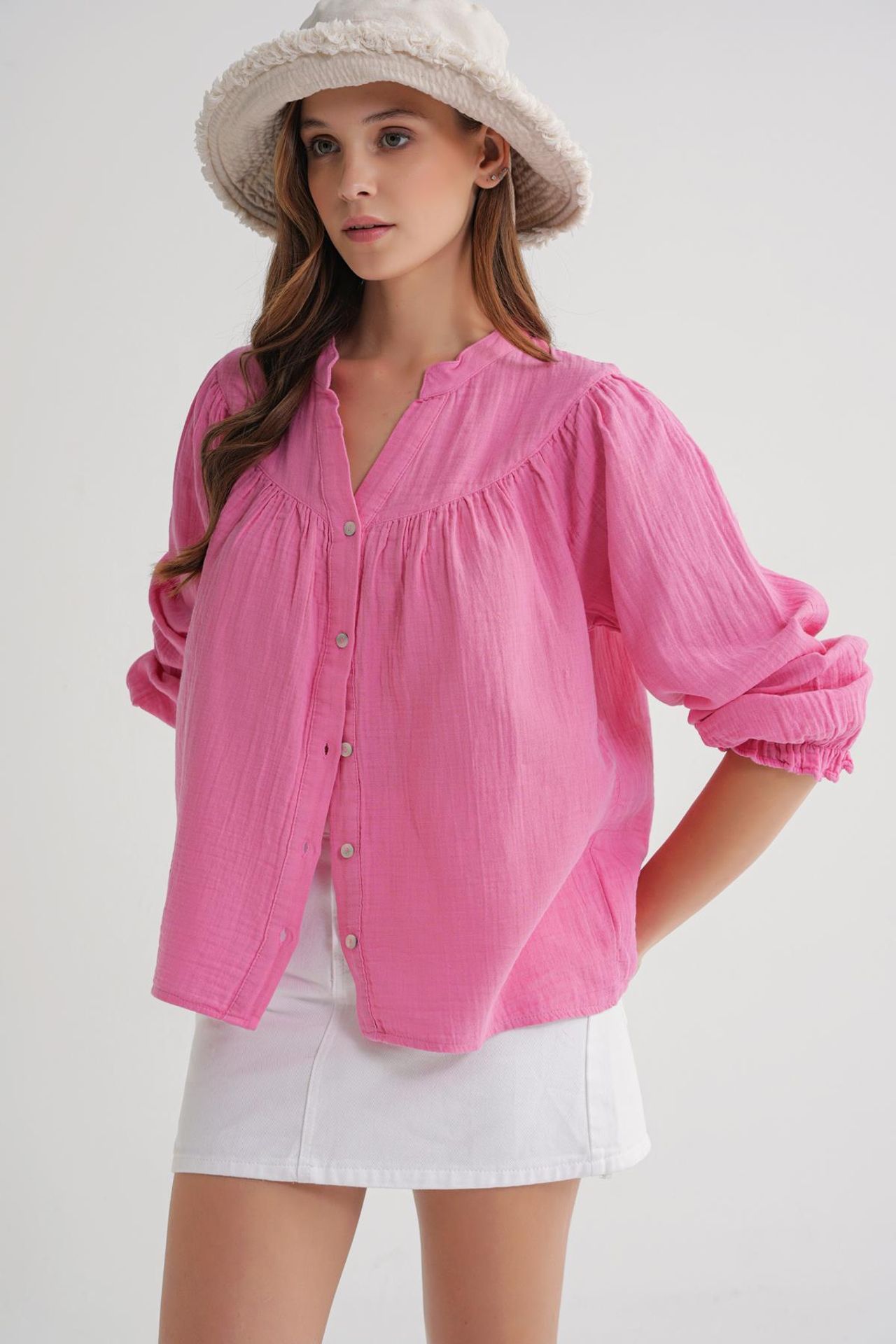 Mixray Cotton Mandarin Collar Button Shirt 2