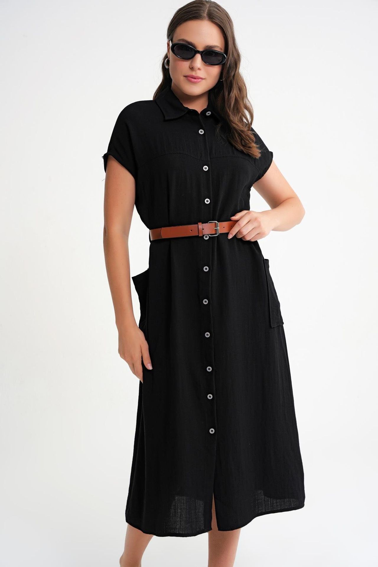 Mixray Midi Dress with Belt Detail and Buttoned Collar 4