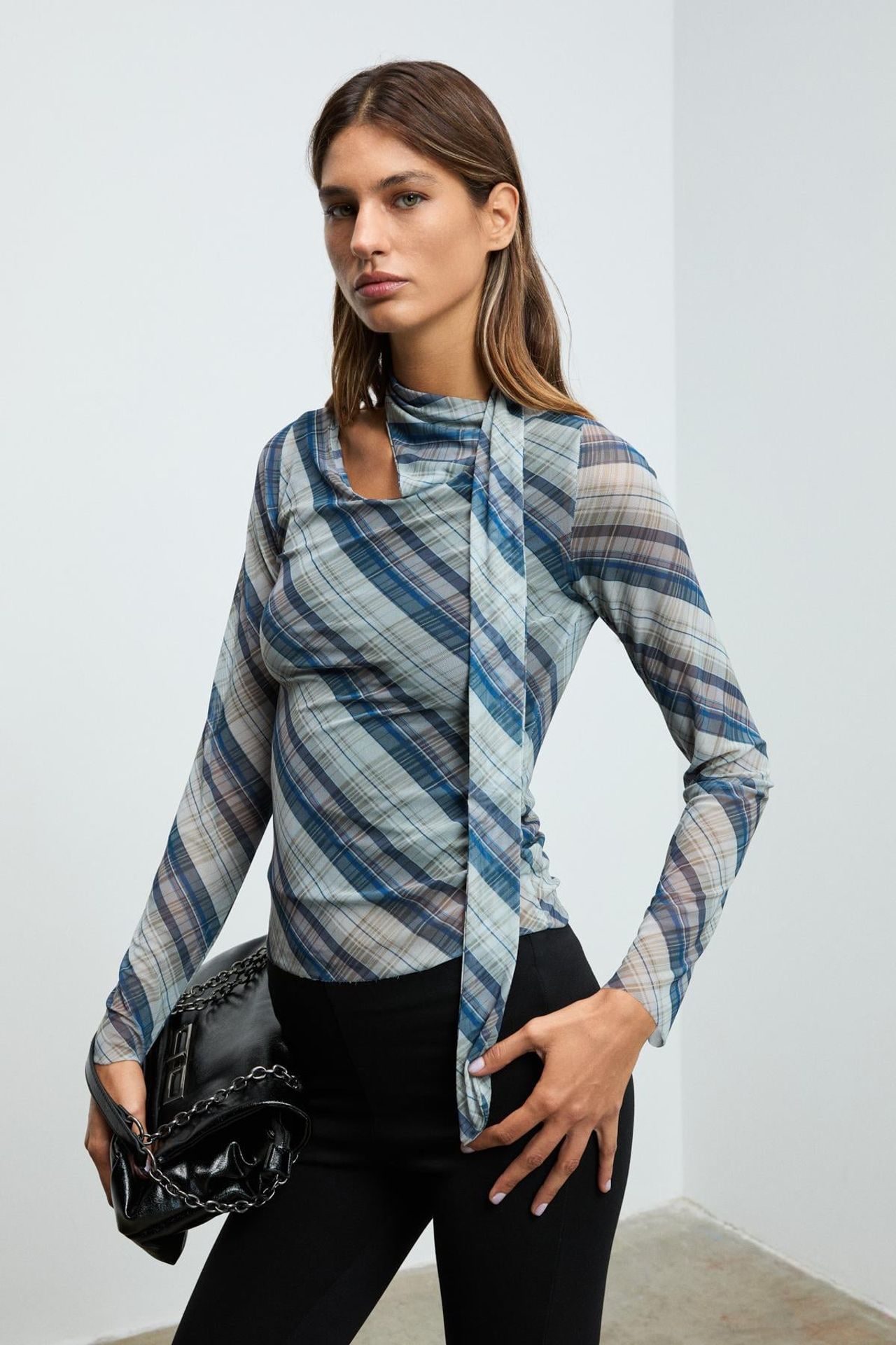 GRIMELANGE Plaid Choker Cut-Out Blouse 1