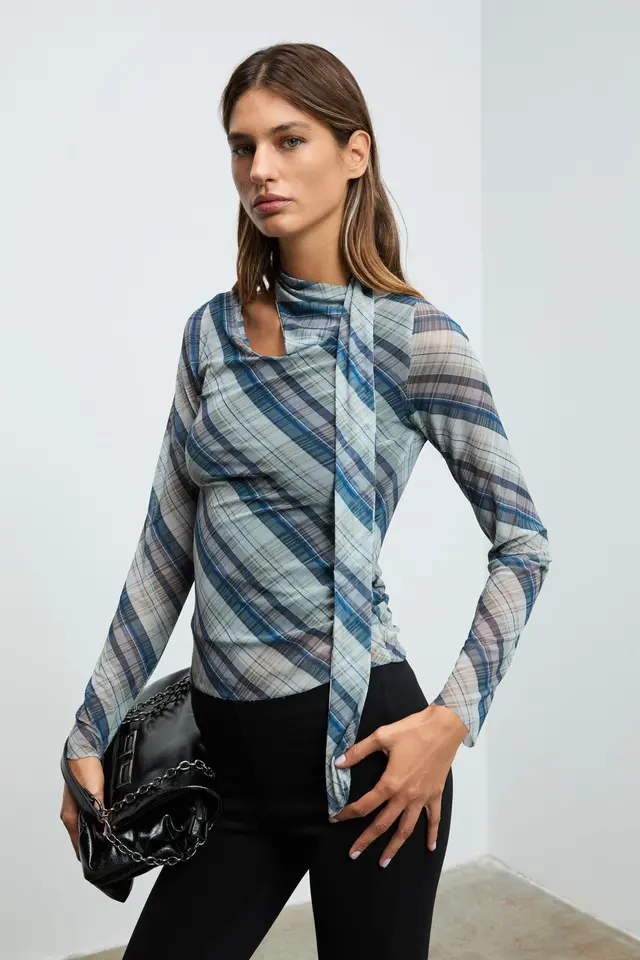 GRIMELANGE Plaid Choker Cut-Out Blouse