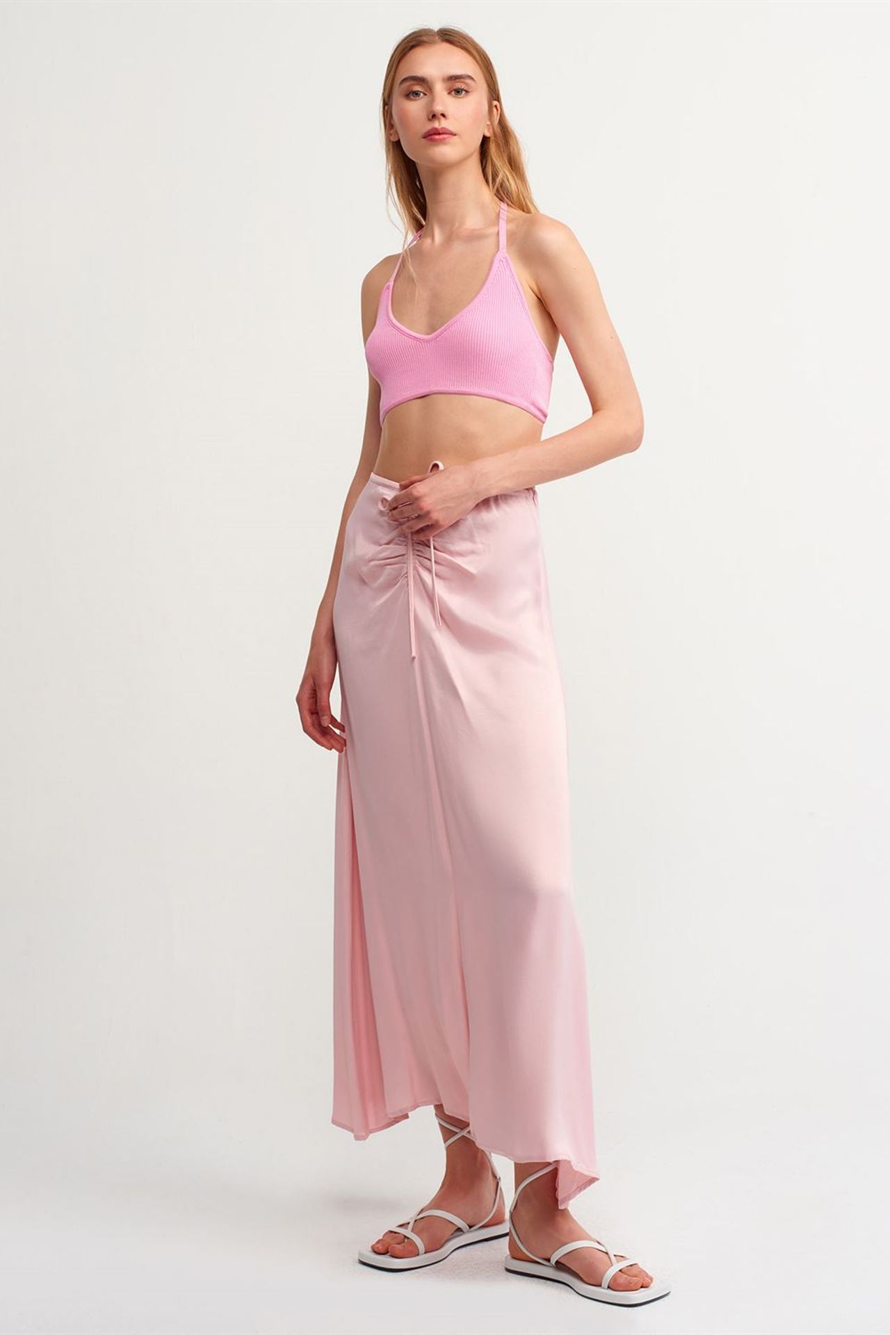 DILVIN Fitted Ribbed Halter Crop Blouse With Tie Detail 2