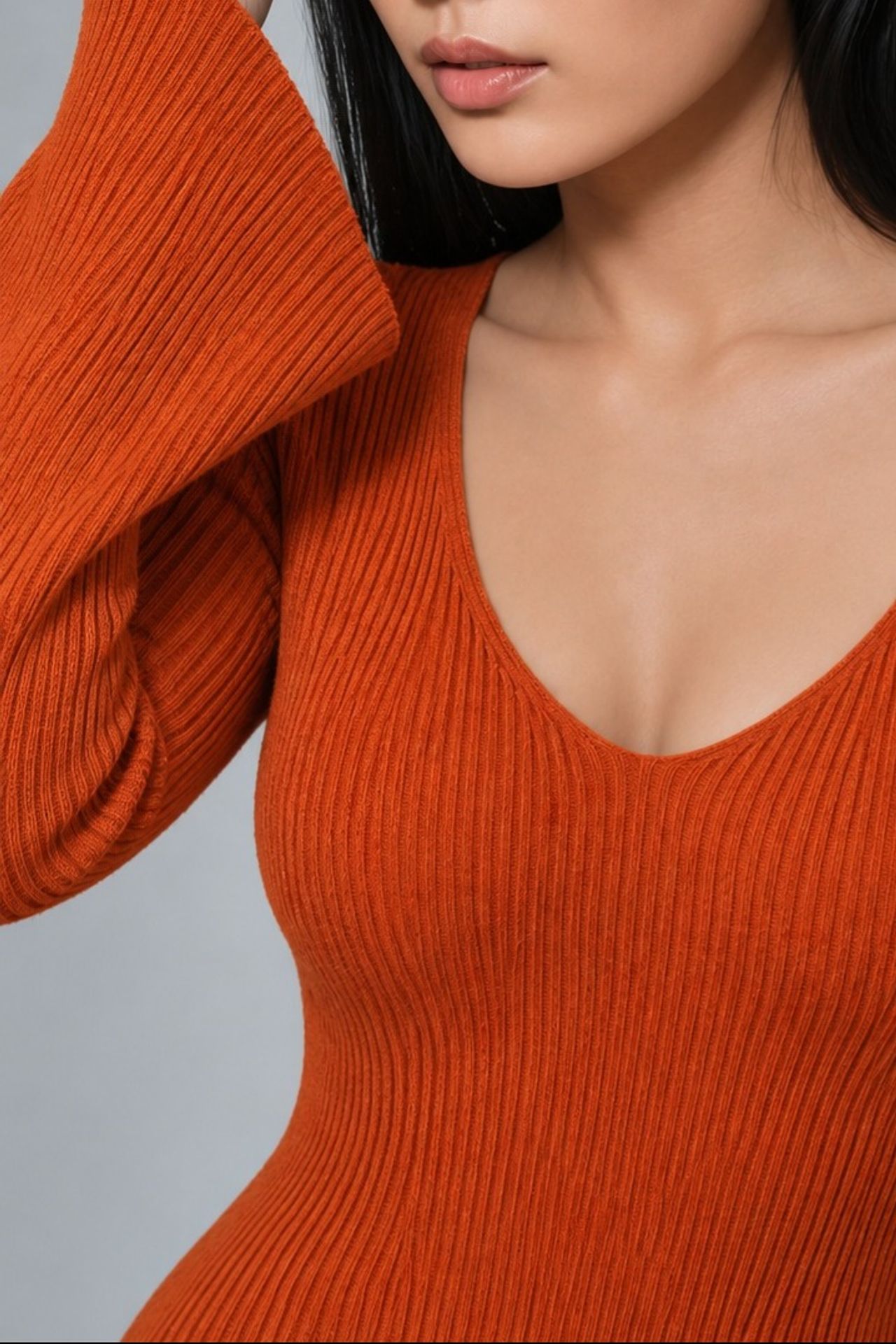 MY FASHION V Yakalı Dokulu Uzun Triko Elbise 6