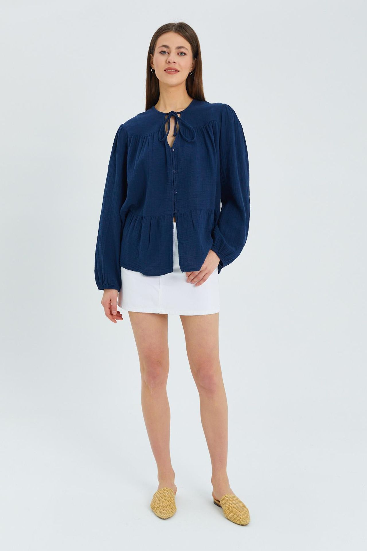 Mixray Long Sleeve Relaxed Fit Blouse with Tie-Neck 2