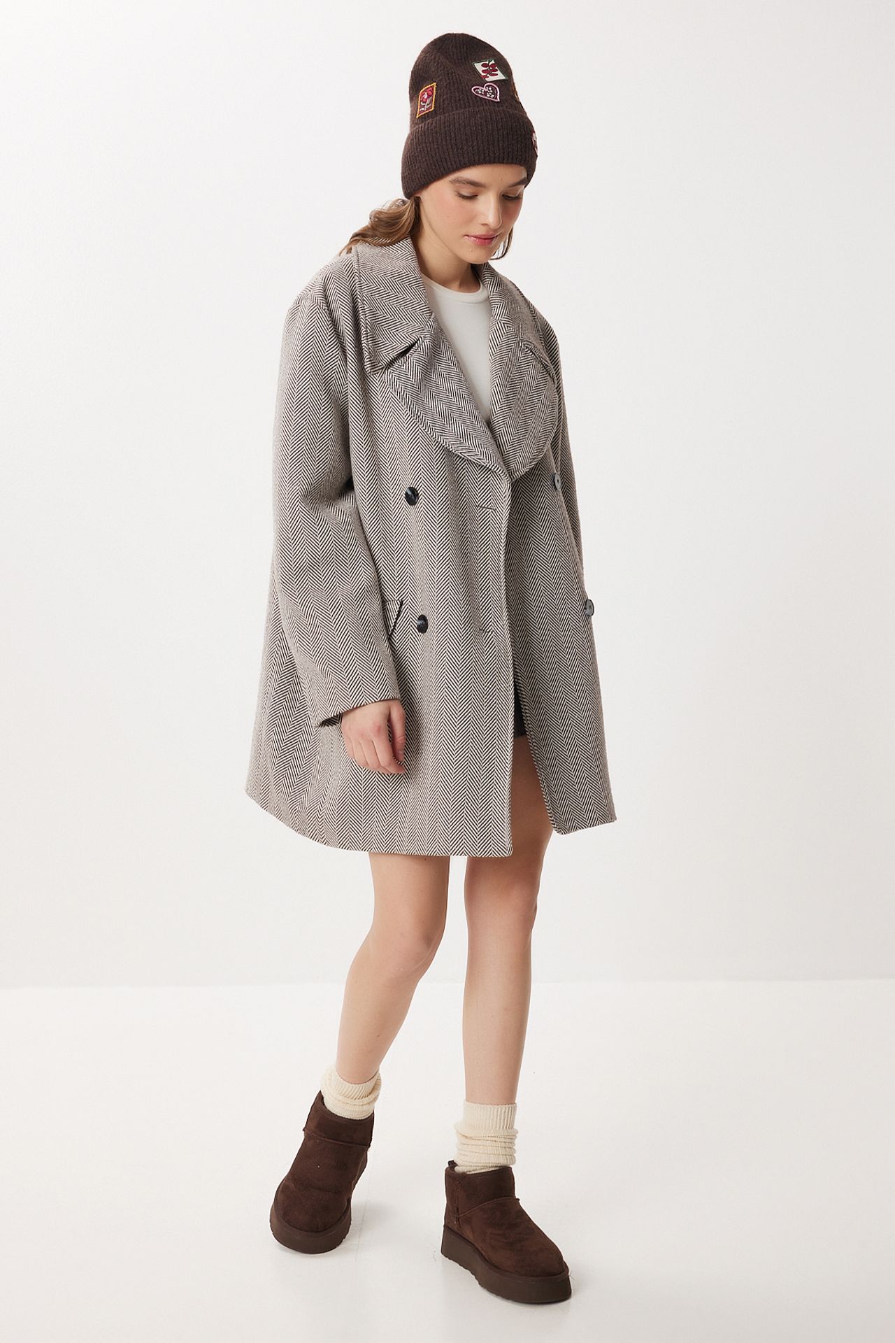 ISTANBUL Oversized Herringbone Wool Cotton Midi Overcoat 5