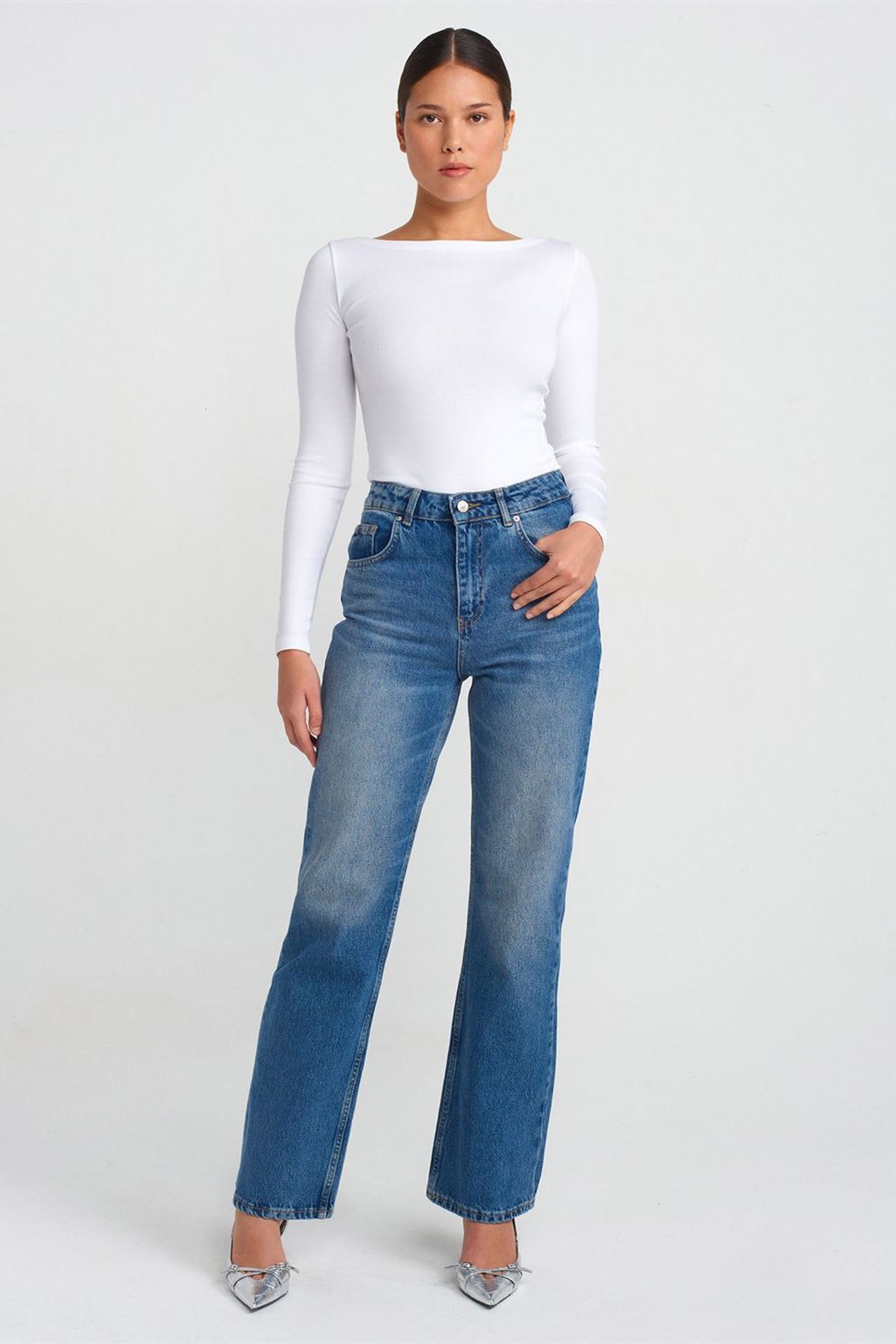 DILVIN Kadın Slim Fit Kayık Yaka Uzun Kollu Bluz 3