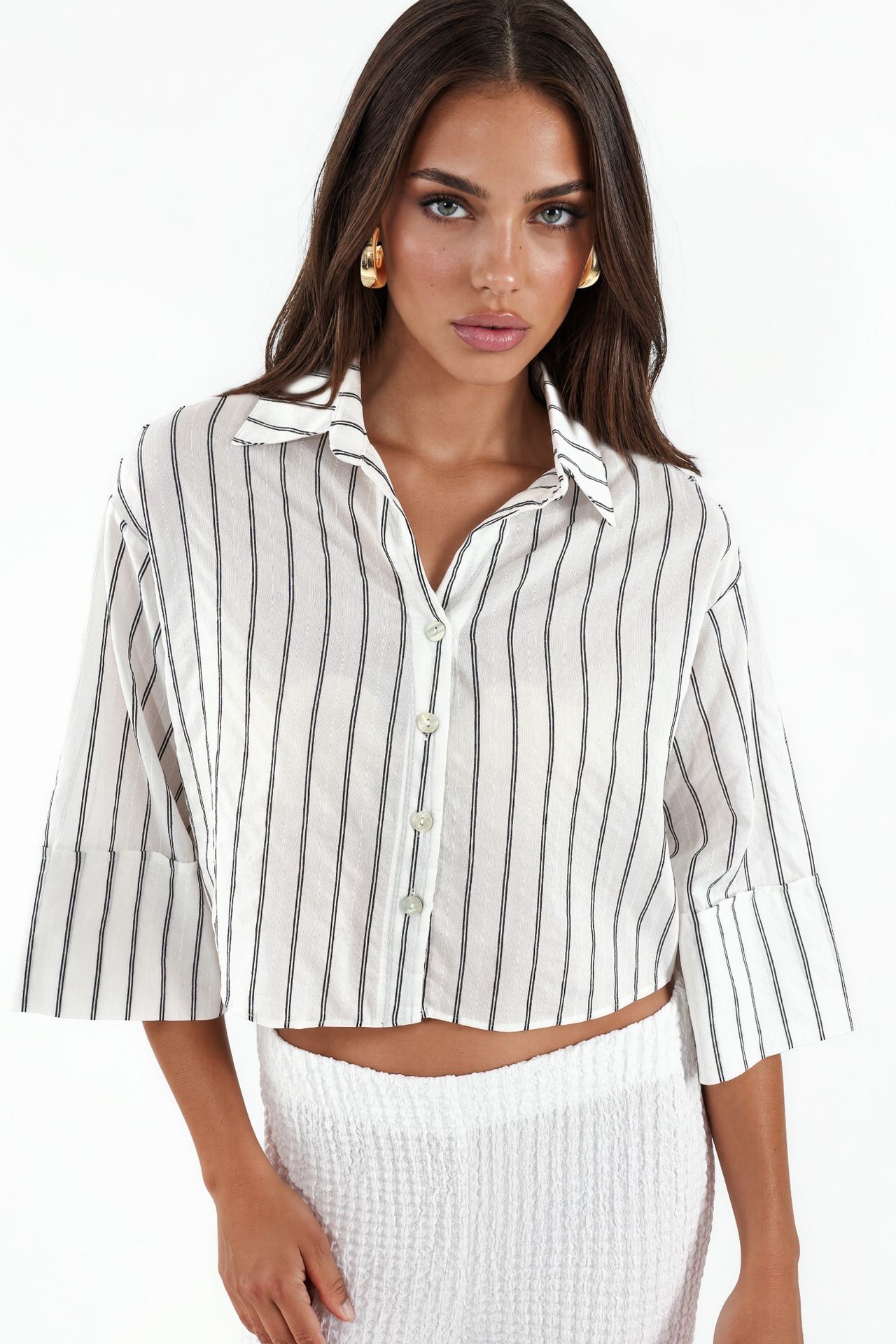 BDART Oversized Striped Cropped Shirt with Button Closure 1