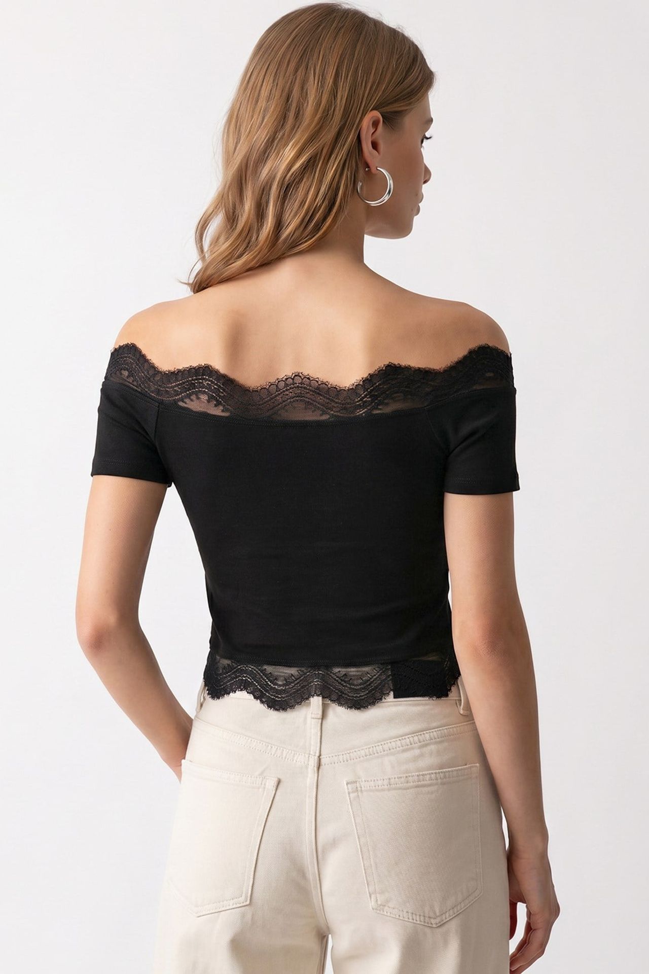 MIXRAY Nakışlı Slim Fit Kayık Yaka Crop Top 5
