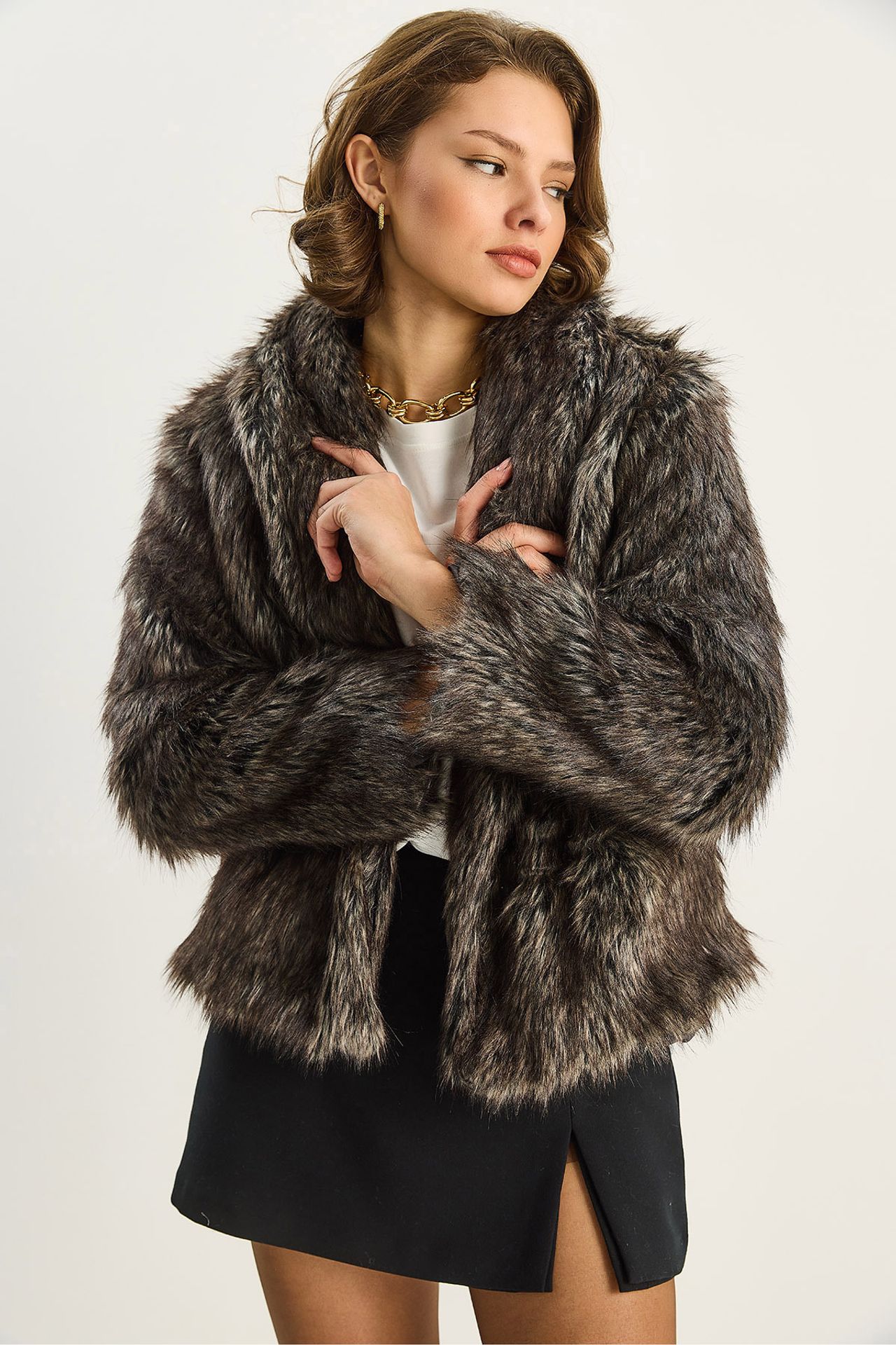 Faux Fur Cropped Open Collar Coat 5