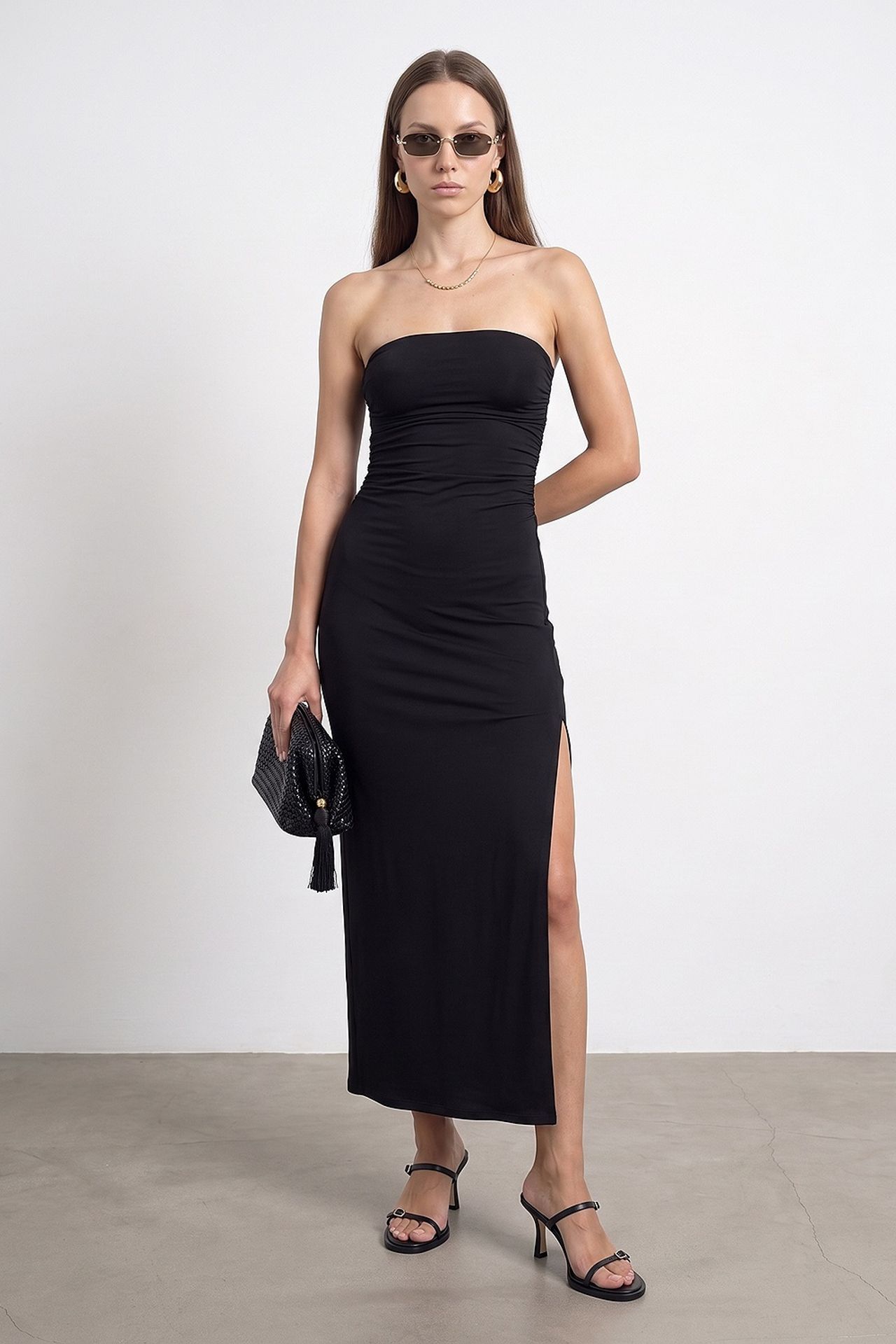 DILVIN Strapless Bodycon Maxi Dress With Slit
