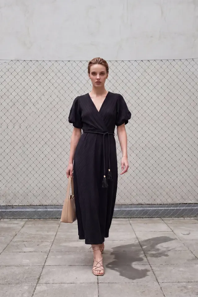 MY FASHION Belted V-Neck Maxi Wrap Dress