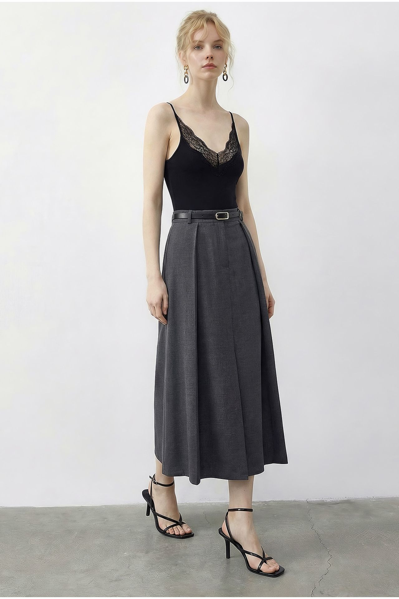 LUCCI High Waist Midi A-Line Skirt with Belt 2