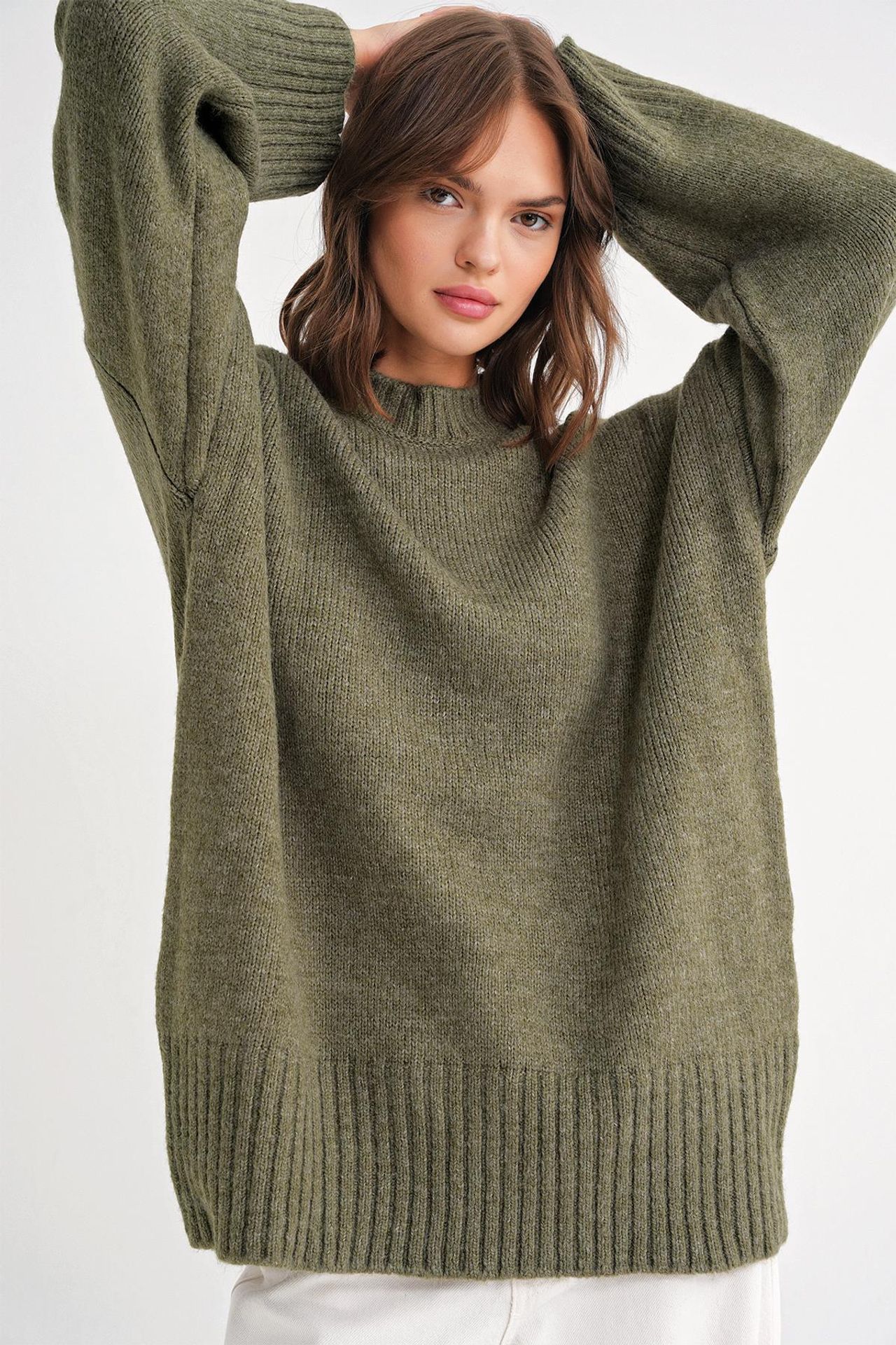 Mixray Oversized Ribbed Knit Sweater with Crew Neck