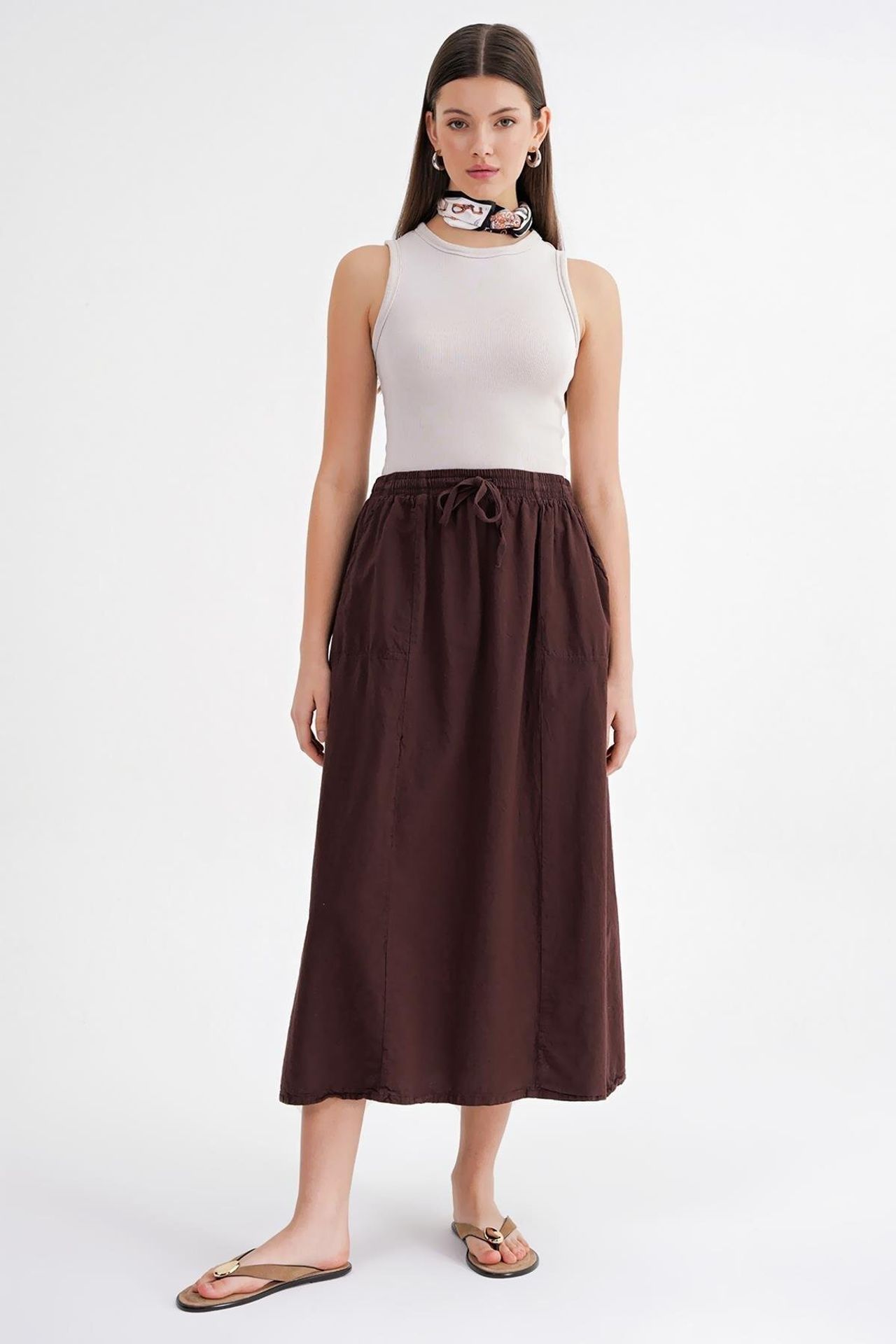 Mixray High-Waisted Poplin Skirt with Drawstring Detail 3