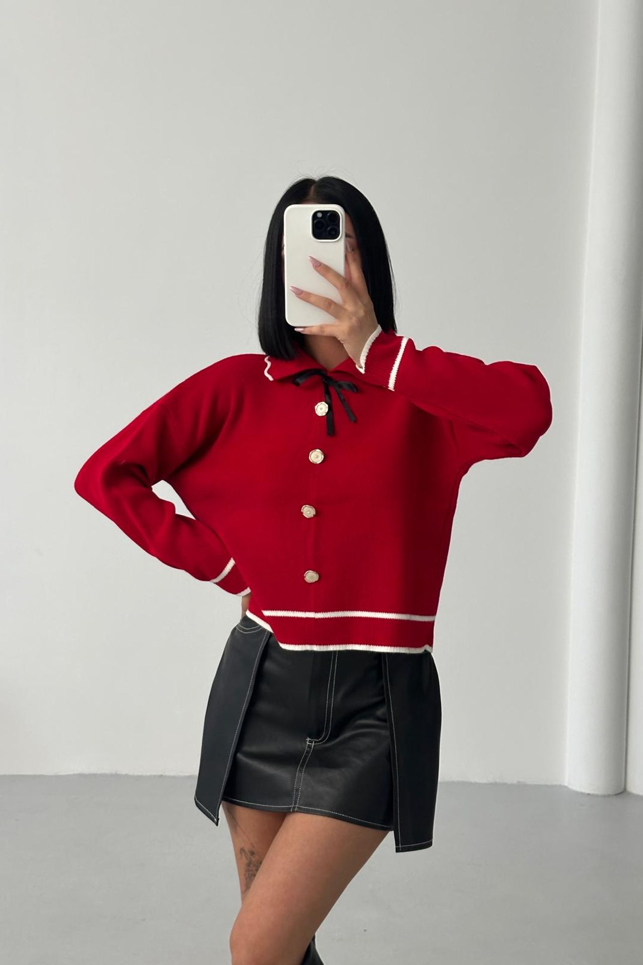 MY FASHION Textured Polo Neck Knit Sweater with Ribbon Detail 4