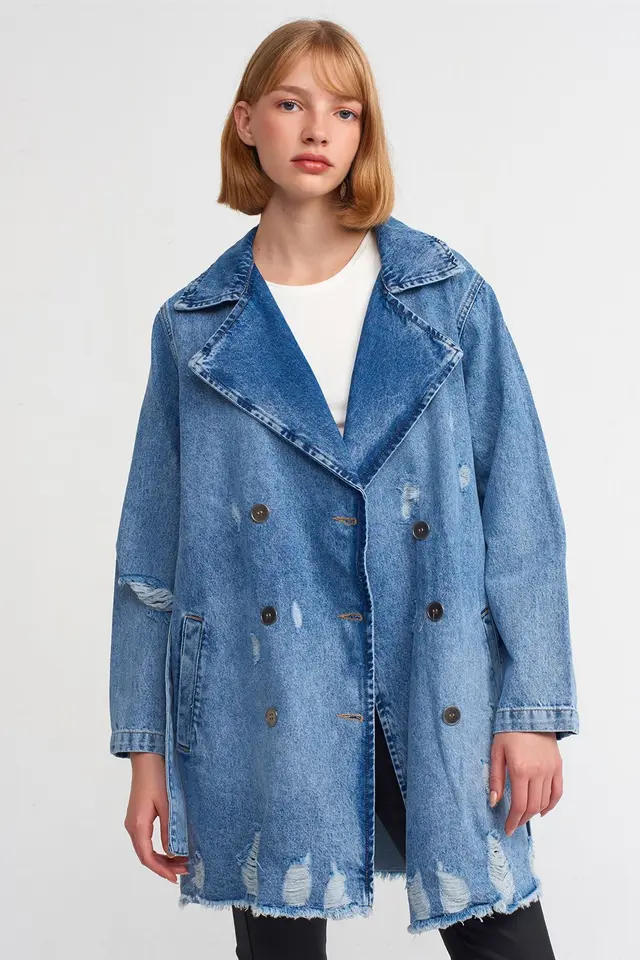 DILVIN Long Cotton Denim Trench Coat