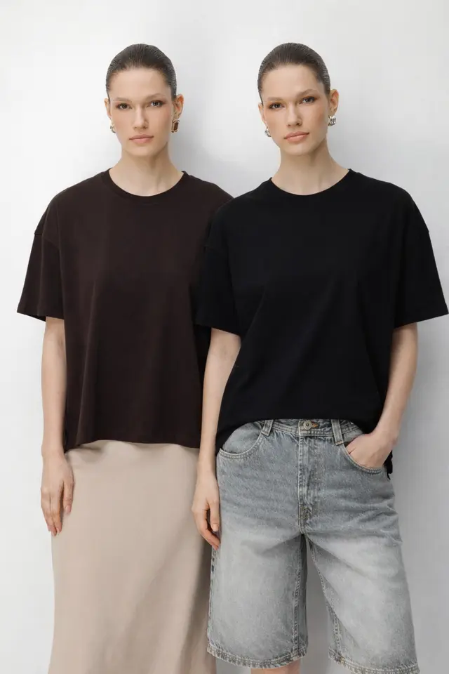 MIXRAY Oversized Ribbed Crew Neck Two-Piece T-Shirt Set