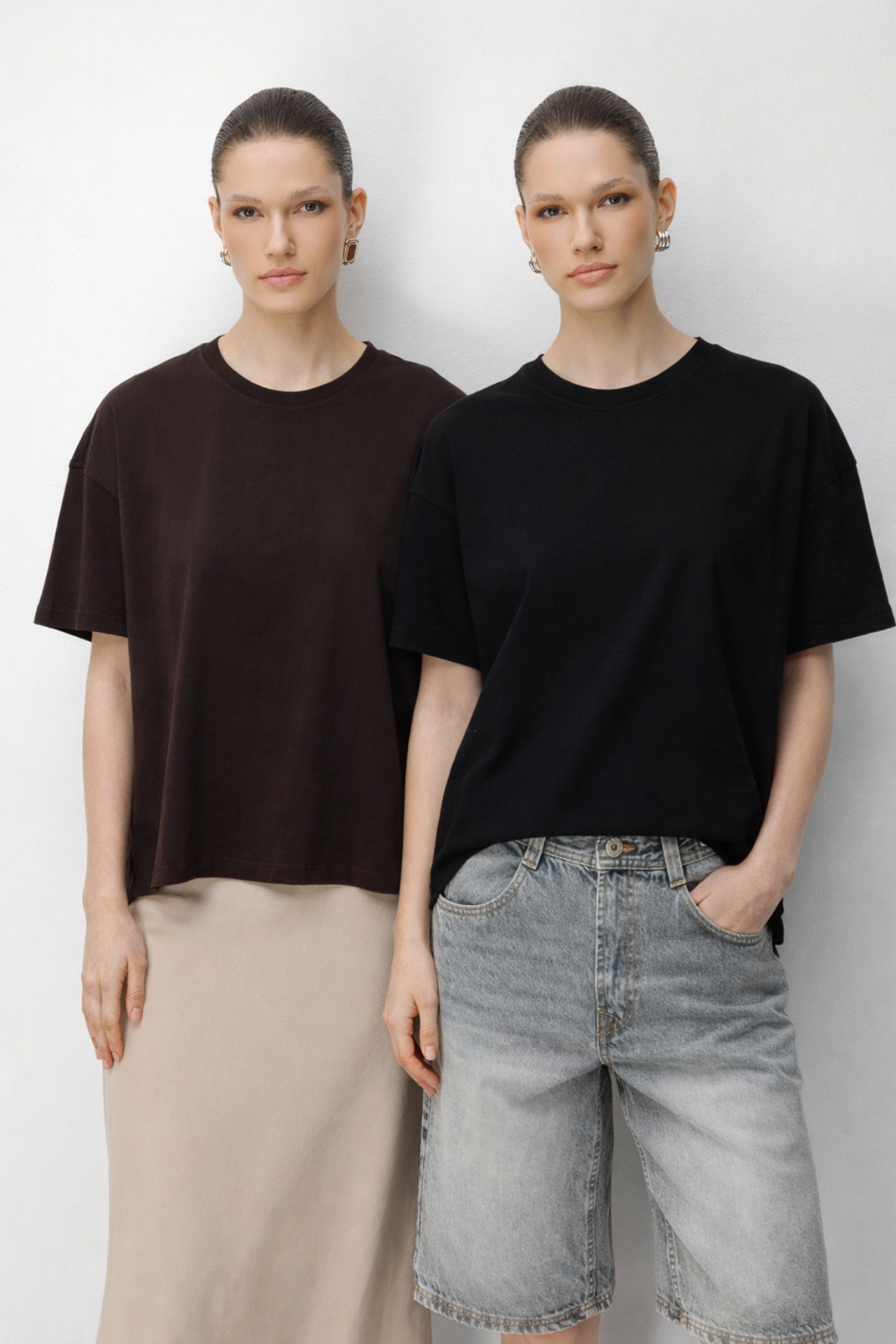 MIXRAY Oversized Ribbed Crew Neck Two-Piece T-Shirt Set 1