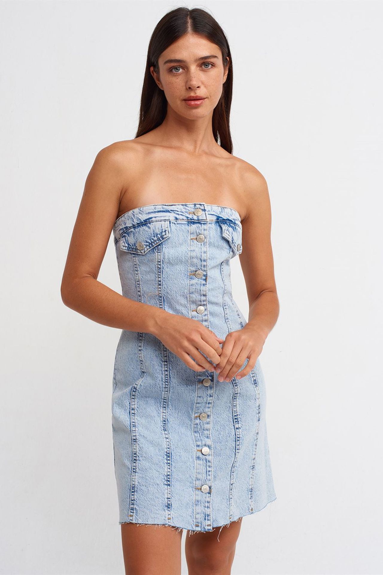 DILVIN Straplez Mini Denim Elbise 1
