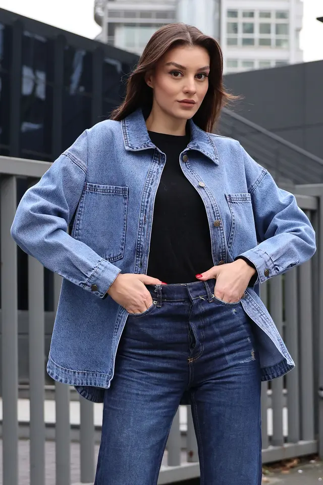 BDART Oversized Denim Jacket with Shirt Collar and Pockets