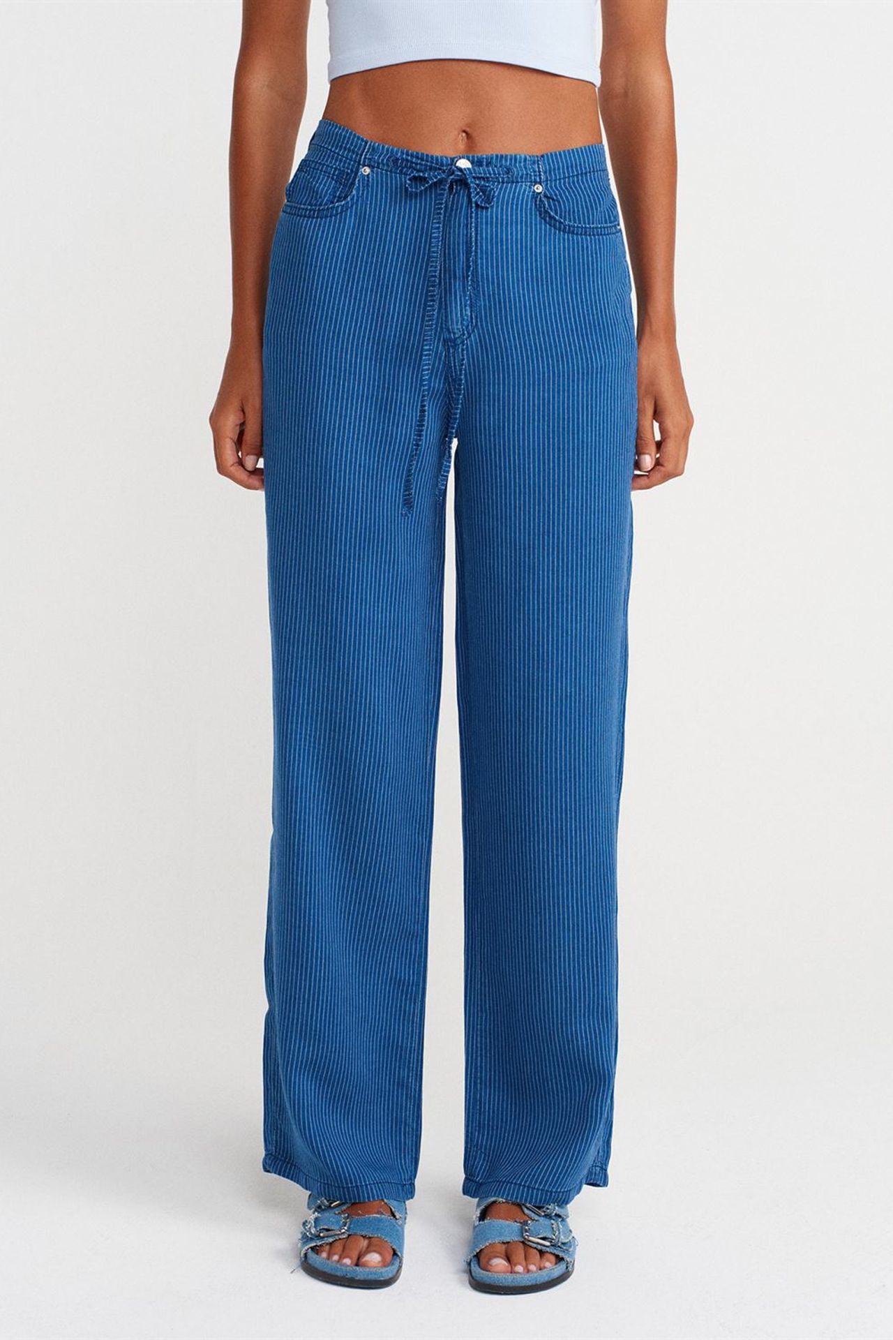 DILVIN Orta Bel Çizgili Geniş Paça Tencel Jean 4