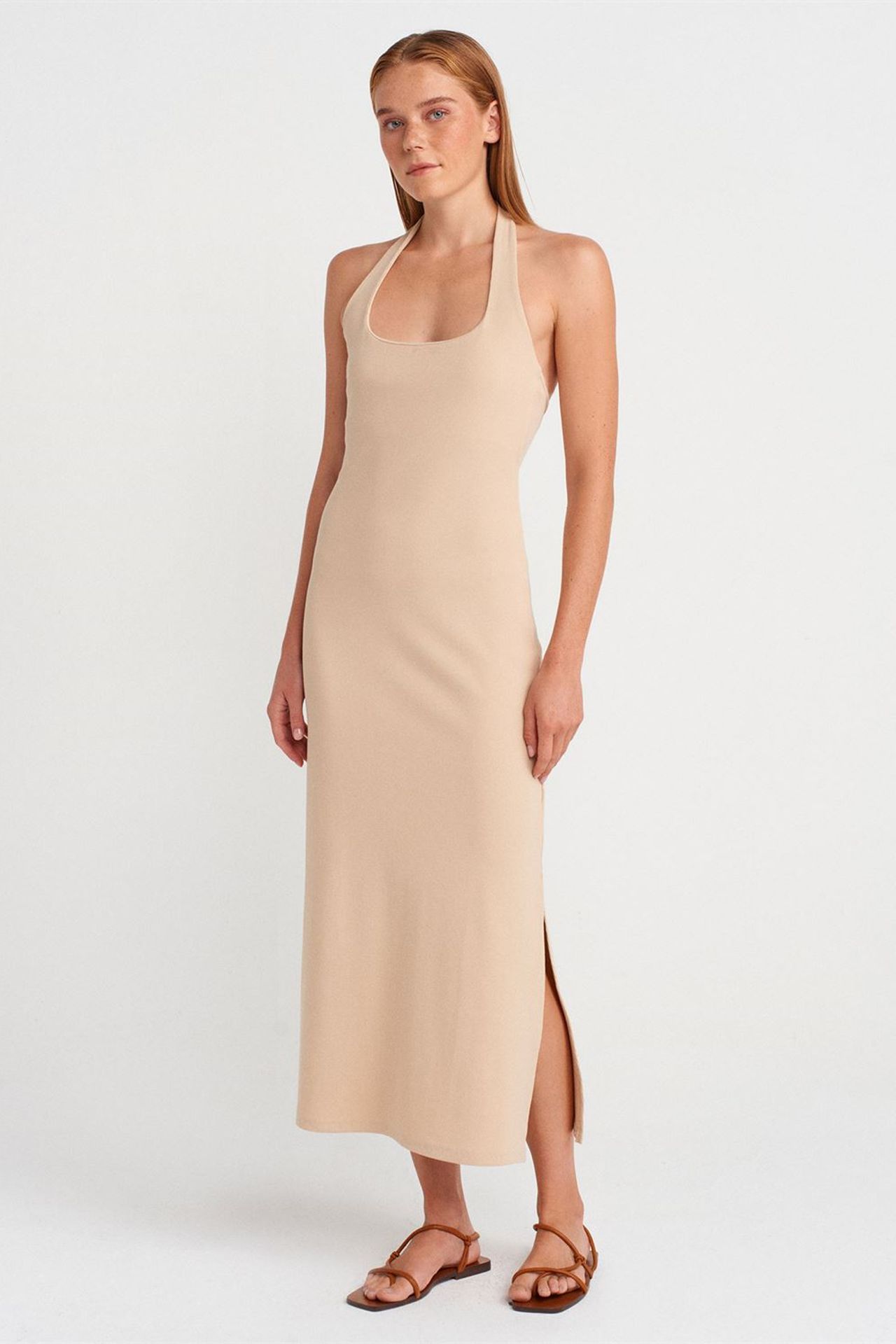 DILVIN Ribbed Halter Midi Dress With Slit