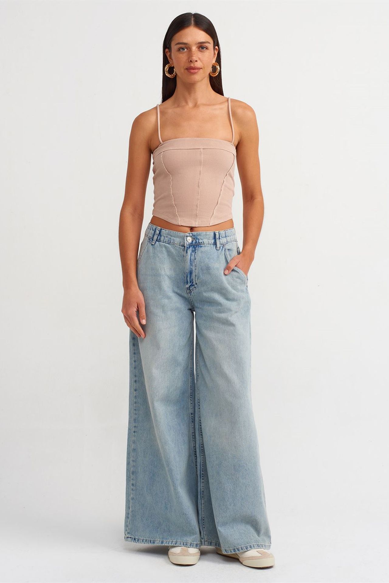 DILVIN Kare Yaka Fitilli Crop Bluz 3