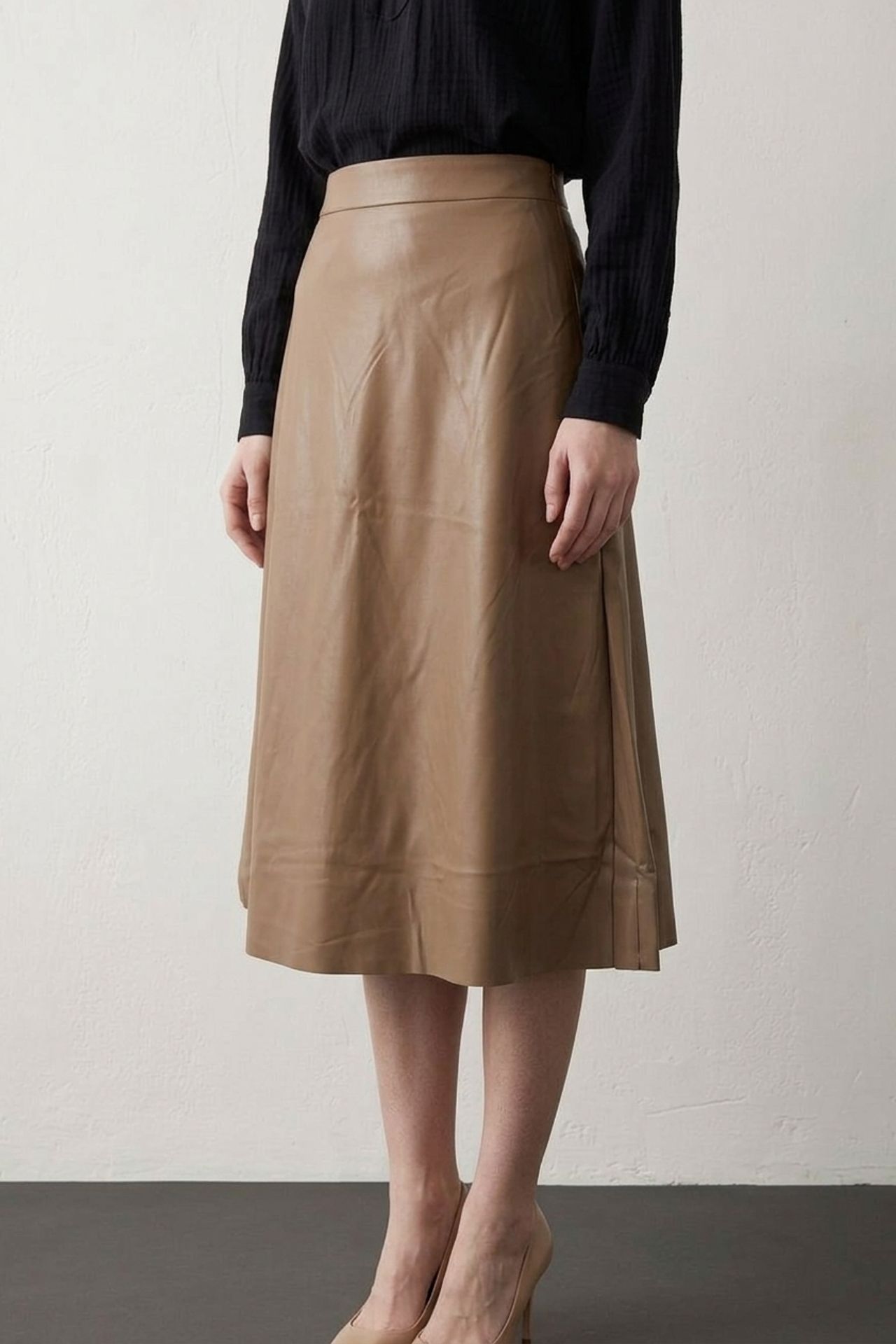 MY FASHION High-Waist Midi A-Line Faux Leather Skirt 3