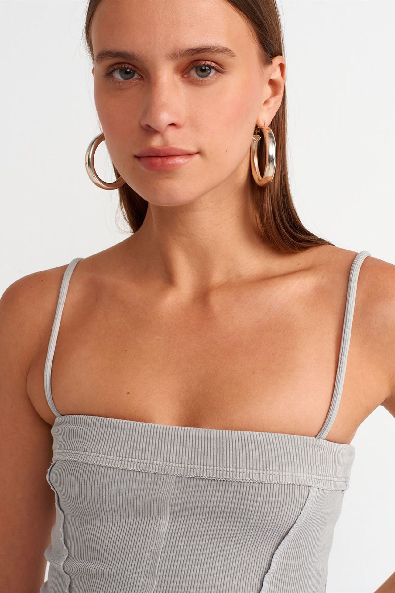 DILVIN Kare Yaka Fitilli Crop Bluz 4