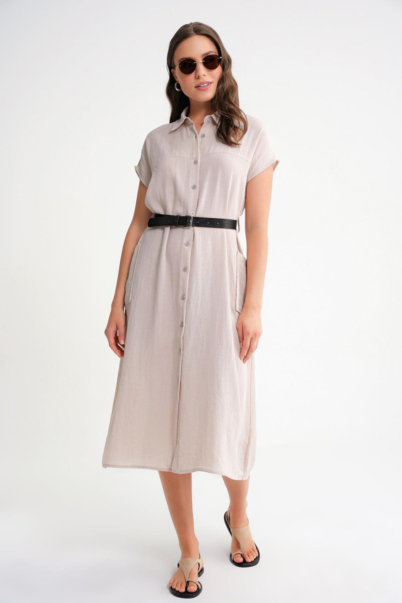 Mixray Midi Dress with Belt Detail and Buttoned Collar 4