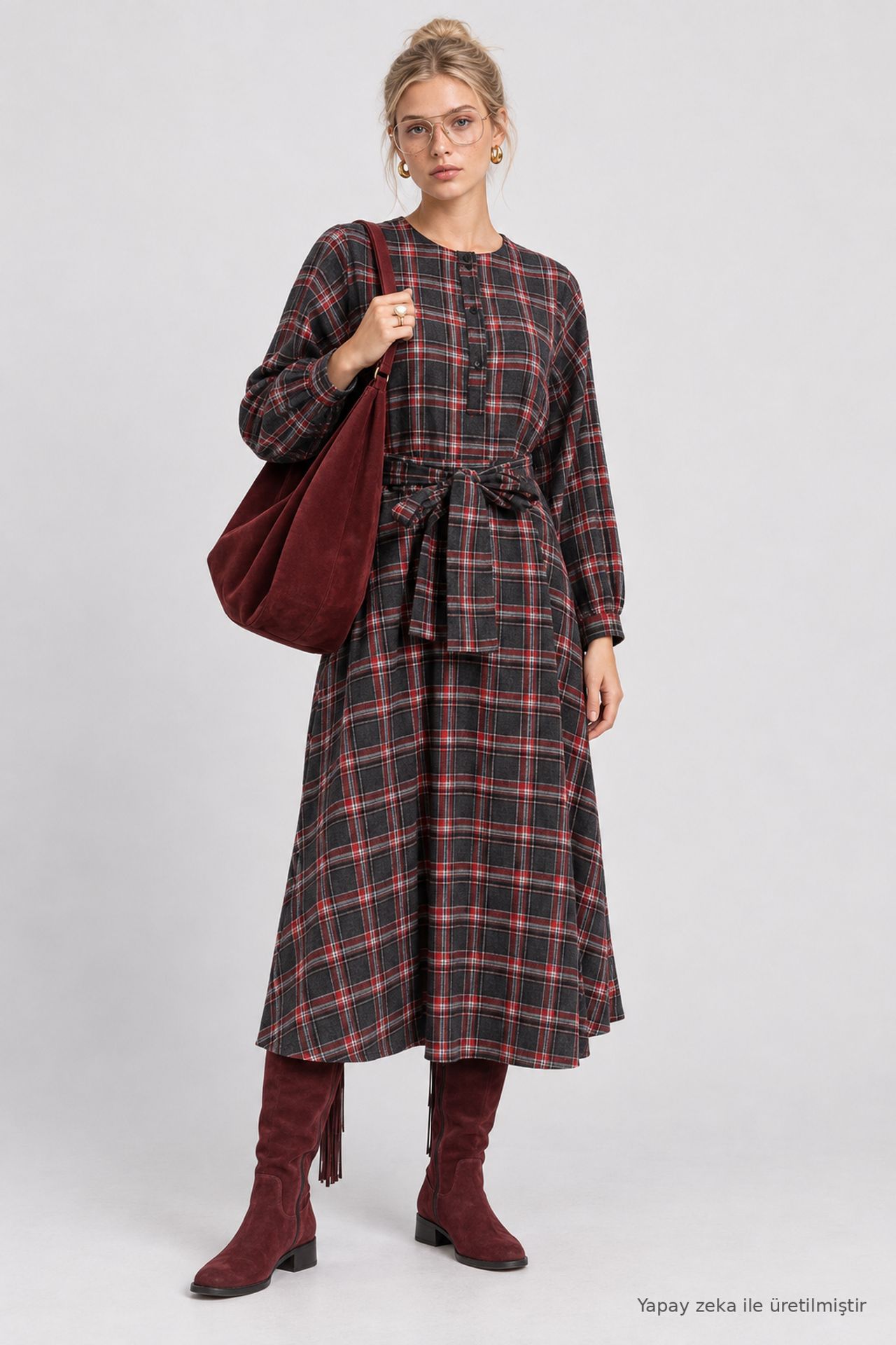 ISTANBUL Belted Plaid Midi A-Line Dress 1