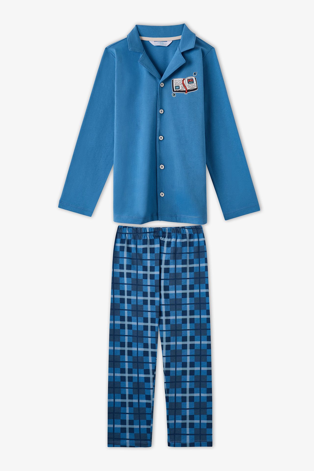 PENTI Boys' Book Lovers Checkered Cotton Buttoned Long Sleeve Shirt Trousers Pajama Set 1