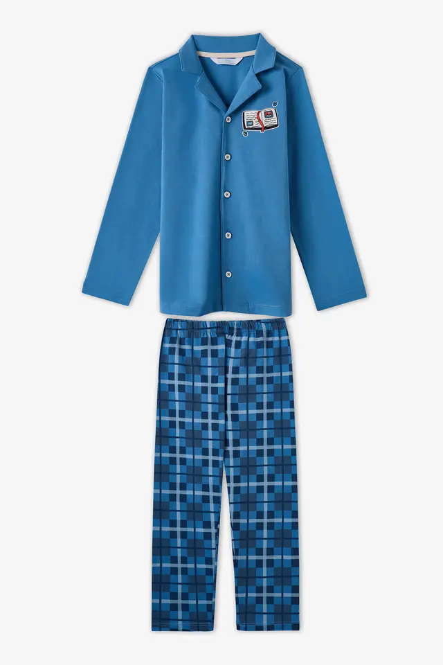 PENTI Boys' Book Lovers Checkered Cotton Buttoned Long Sleeve Shirt Trousers Pajama Set