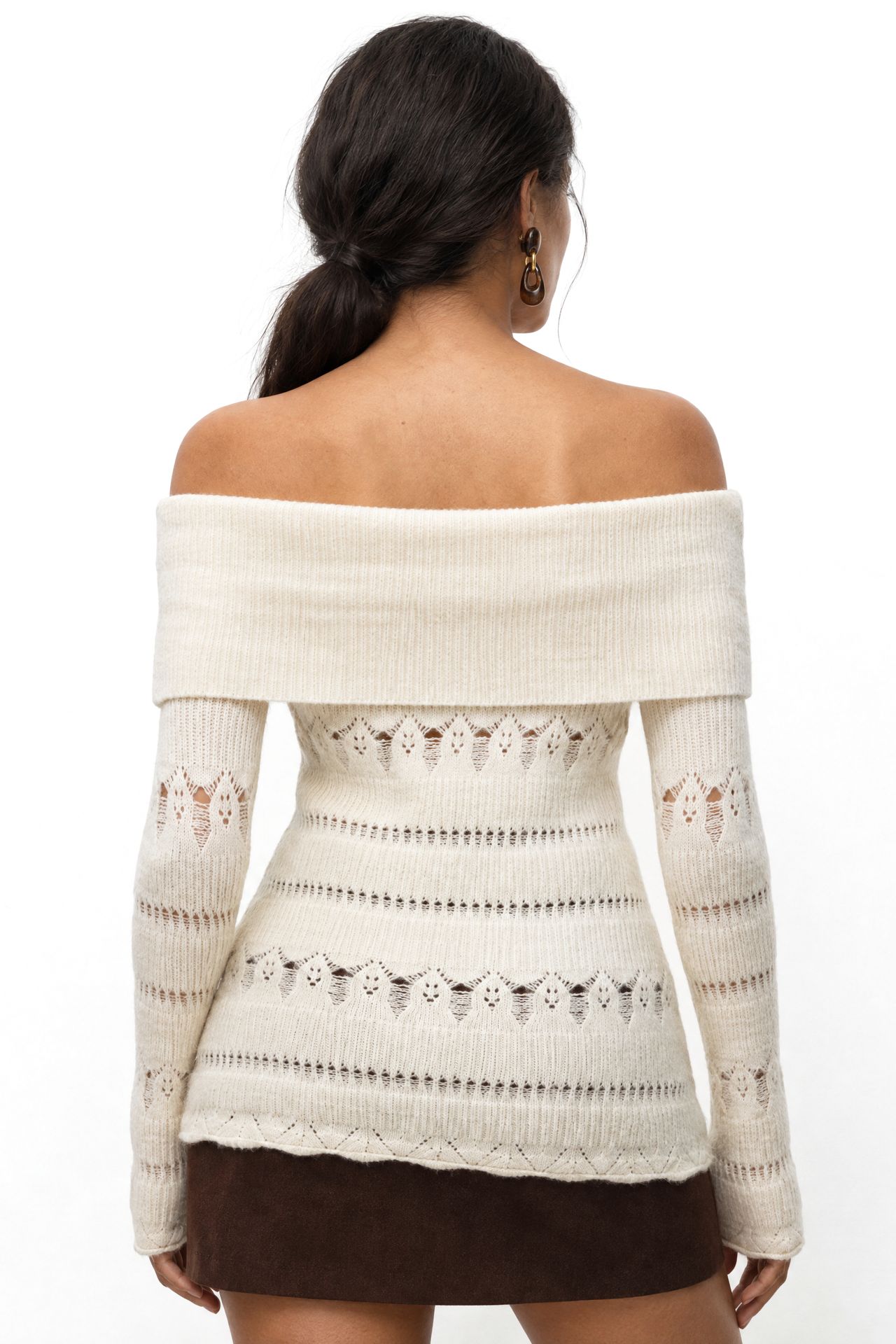 MIXRAY Off Shoulder Textured Ribbed Sweater with Cut Out Details 3