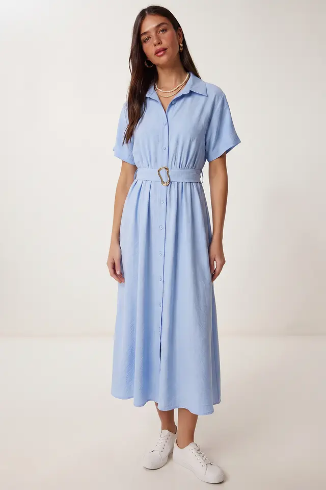 ISTANBUL Belted Poplin Shirt Midi Dress