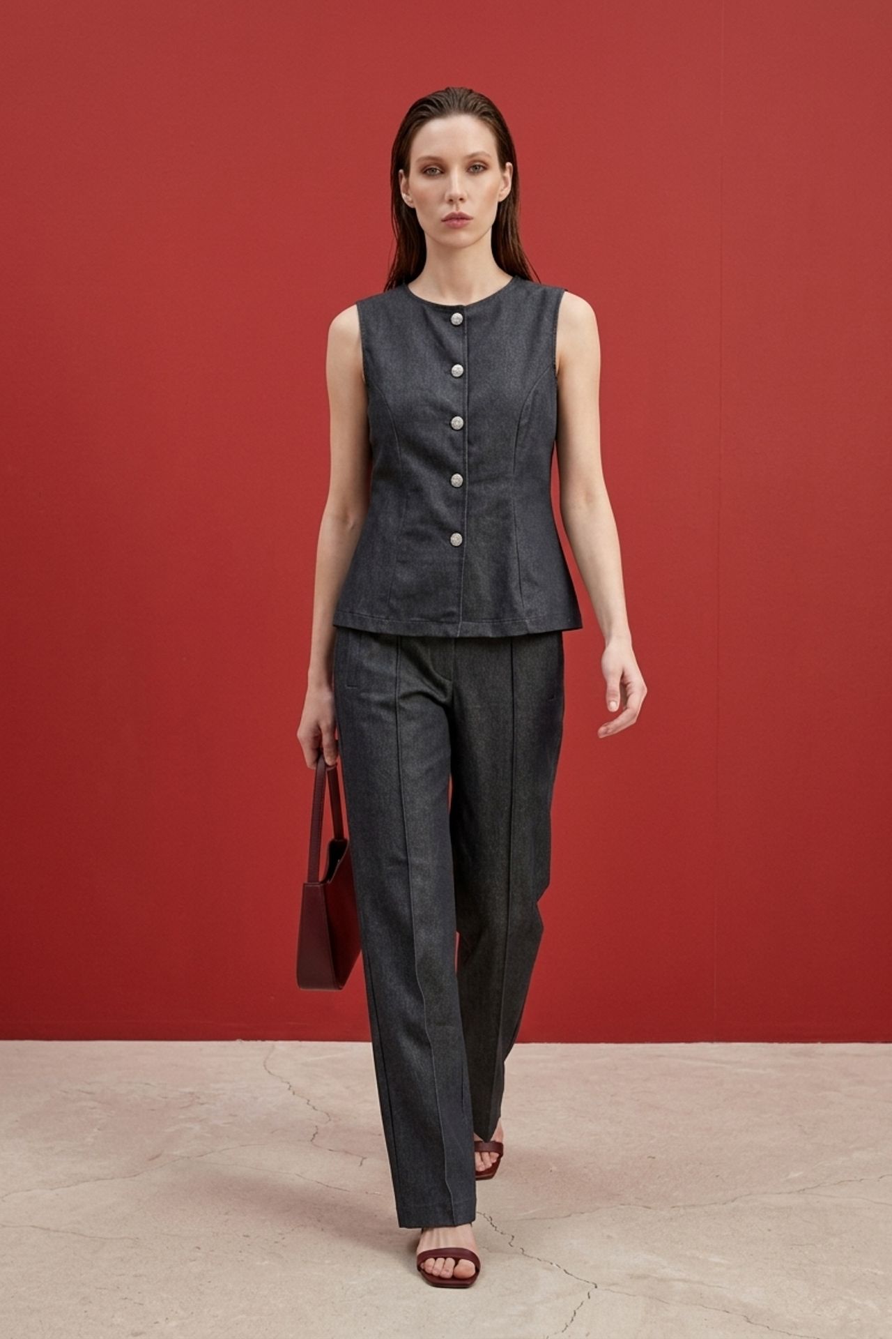 MY FASHION Cotton Poplin Vest and Wide-Leg Trouser Set 1