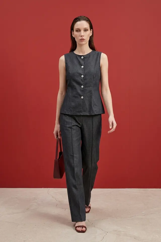 MY FASHION Cotton Poplin Vest and Wide-Leg Trouser Set