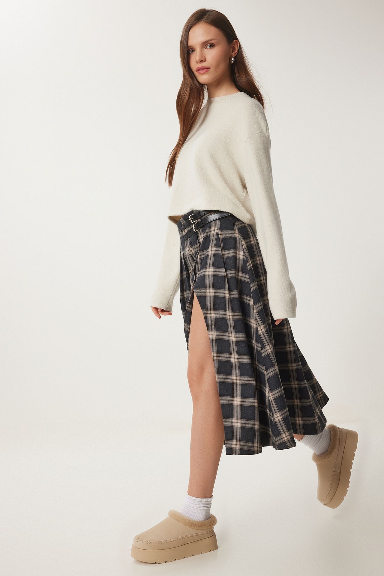 ISTANBUL Belt Detailed High Waist Long Plaid Skirt 2