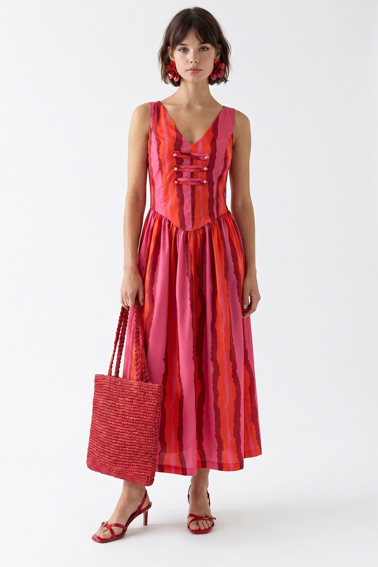 MIXRAY Striped A-line Midi Dress With Tie Detail 2