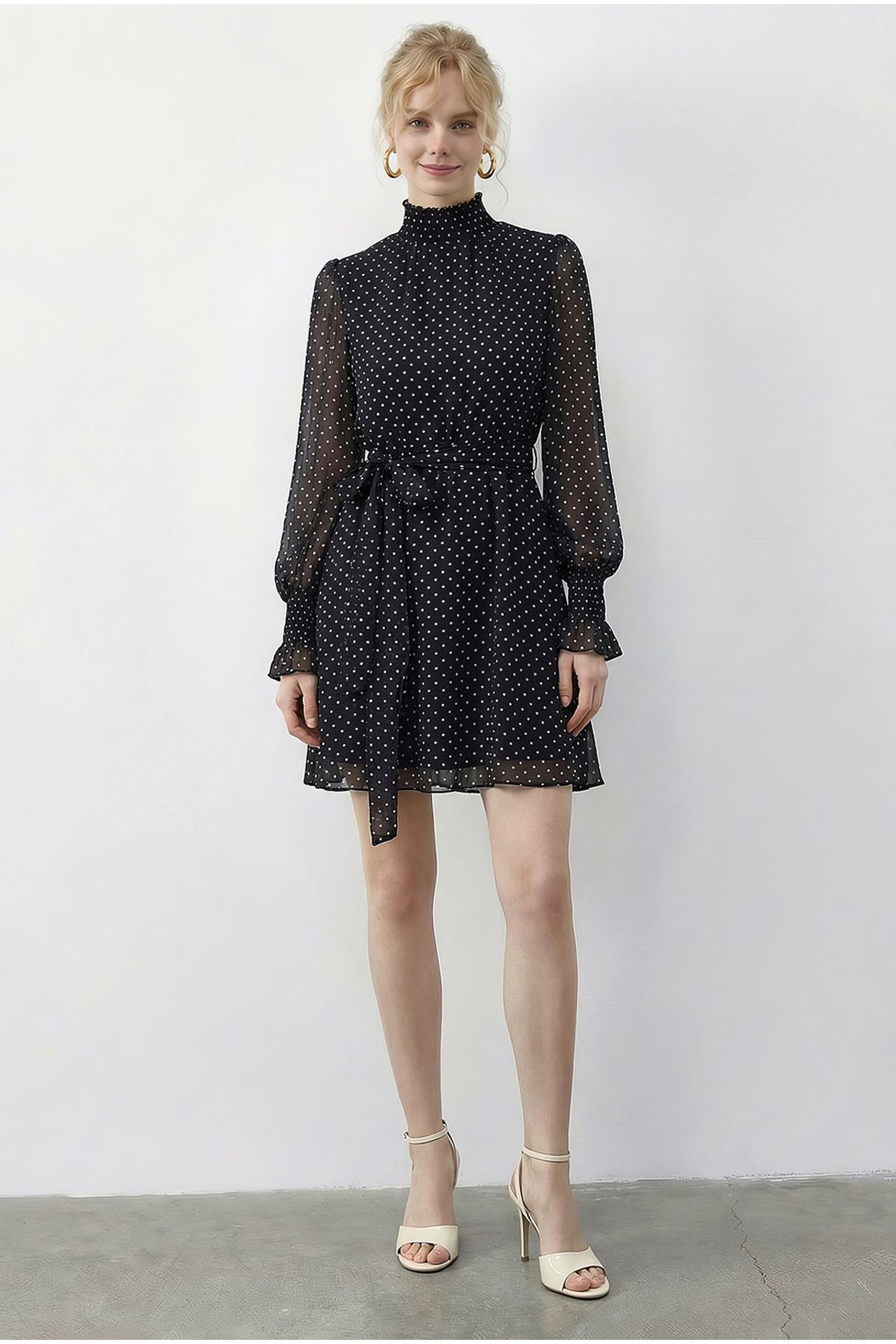 LUCCI Polka Dot Half Turtleneck Mini Dress with Belt 1