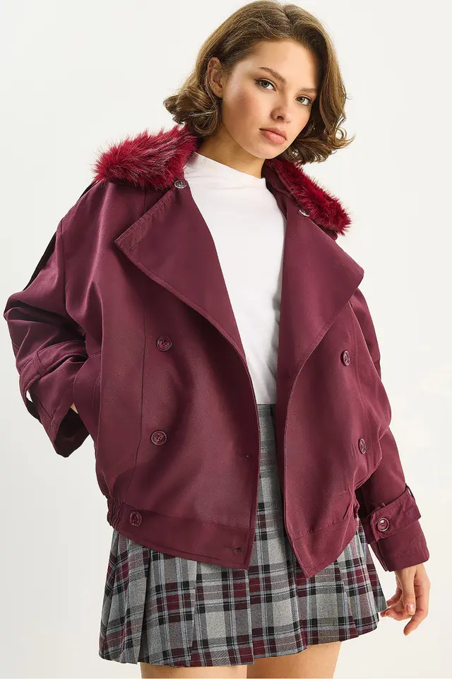 LUCCI Trench Coat with Faux Fur Collar