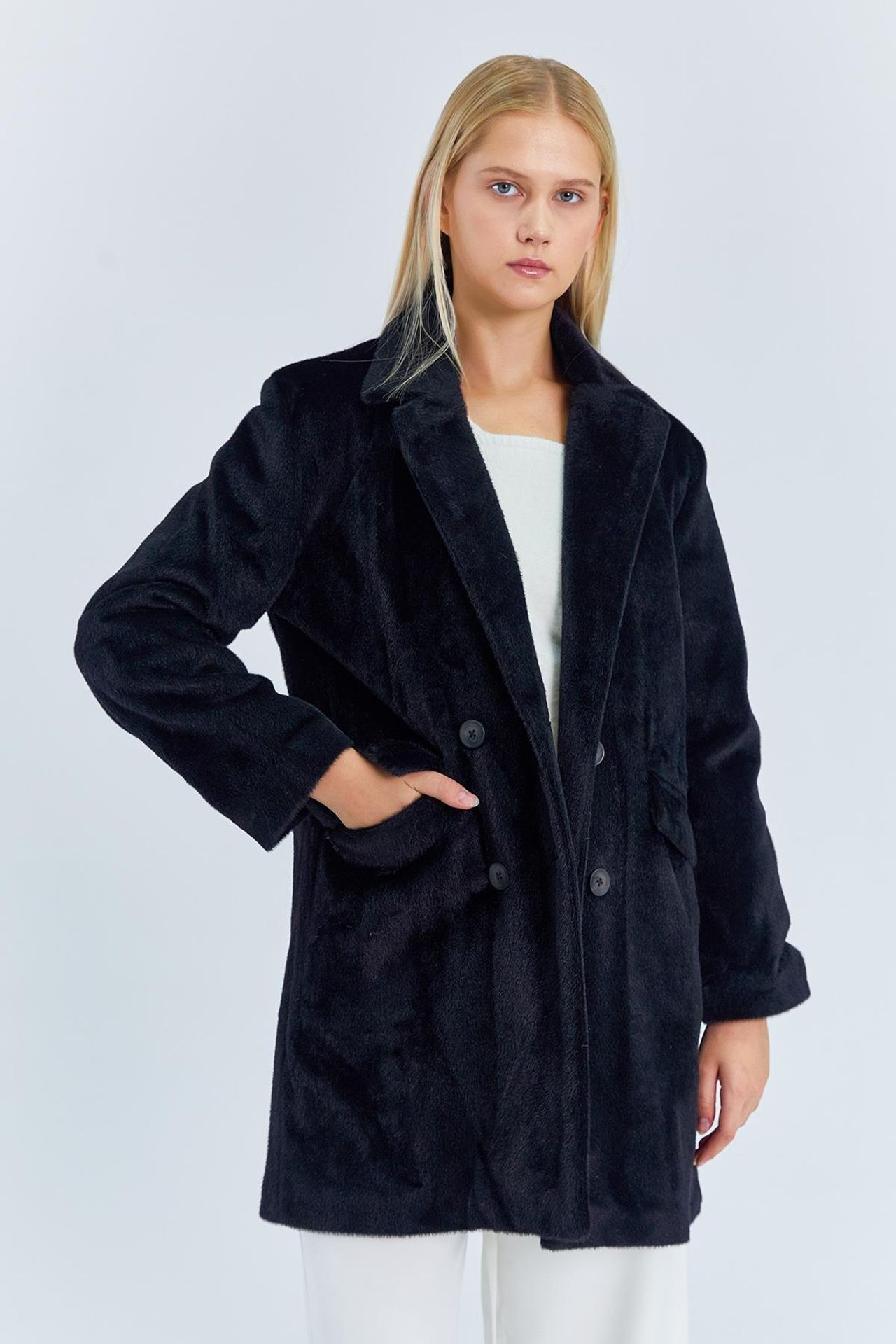 MIXRAY Thick Plush Buttoned Midi Coat with Jacket Collar 3