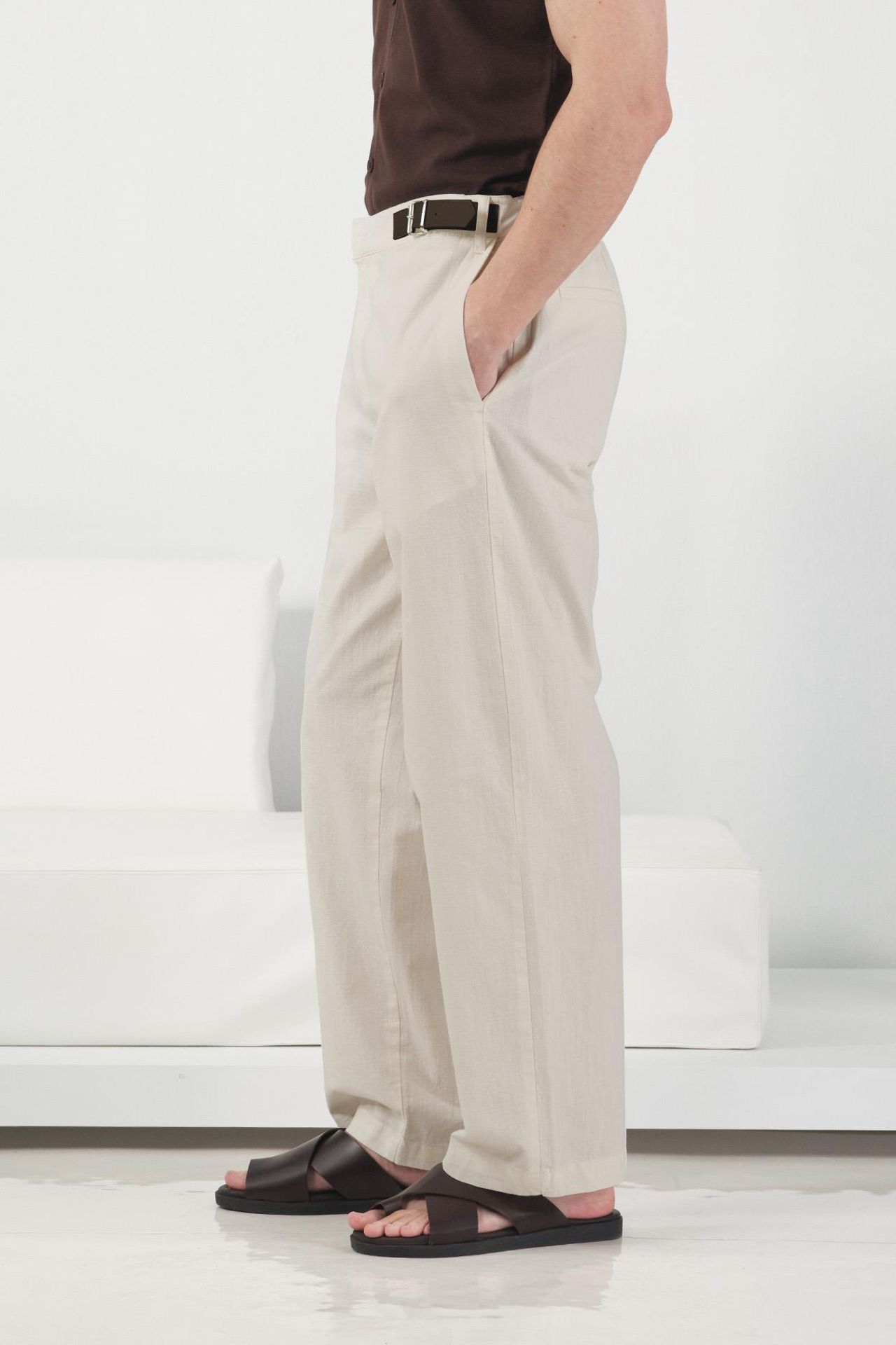 GIESTO Belted Straight Leg Linen Pants 3